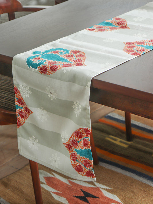hand embroidered table runner on printed motif for 6 seater dining table - 12x84 inch