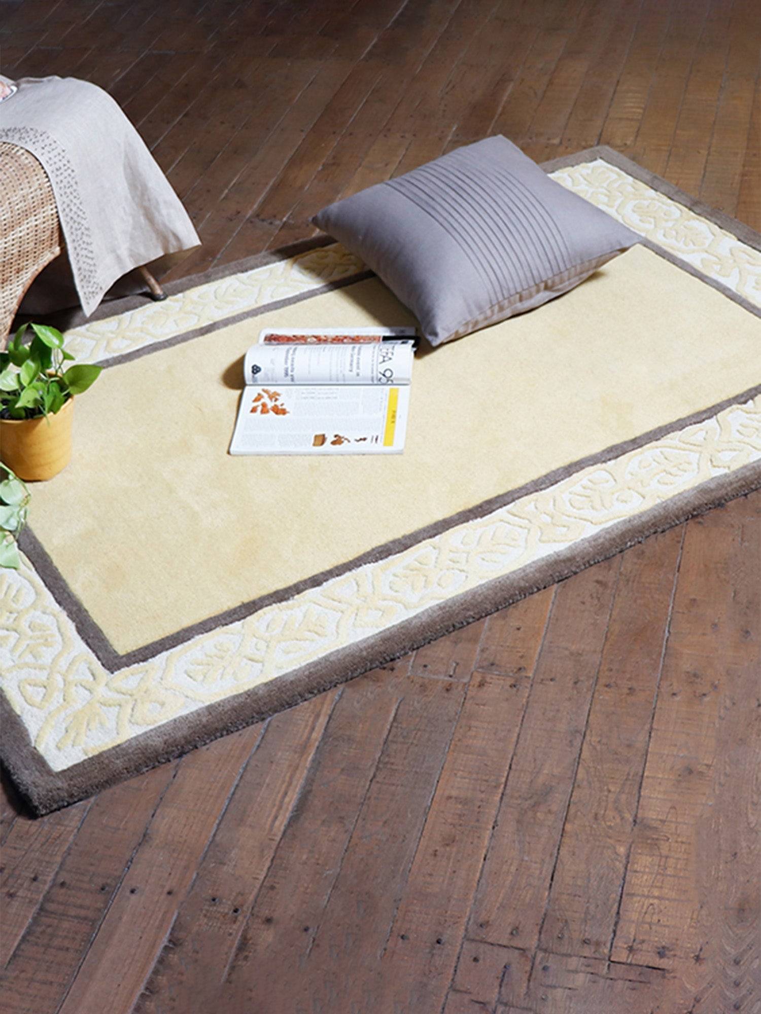 Carpet Hand Tufted 100% Woollen Ornamental Border Gold Brown - 4ft X 6ft