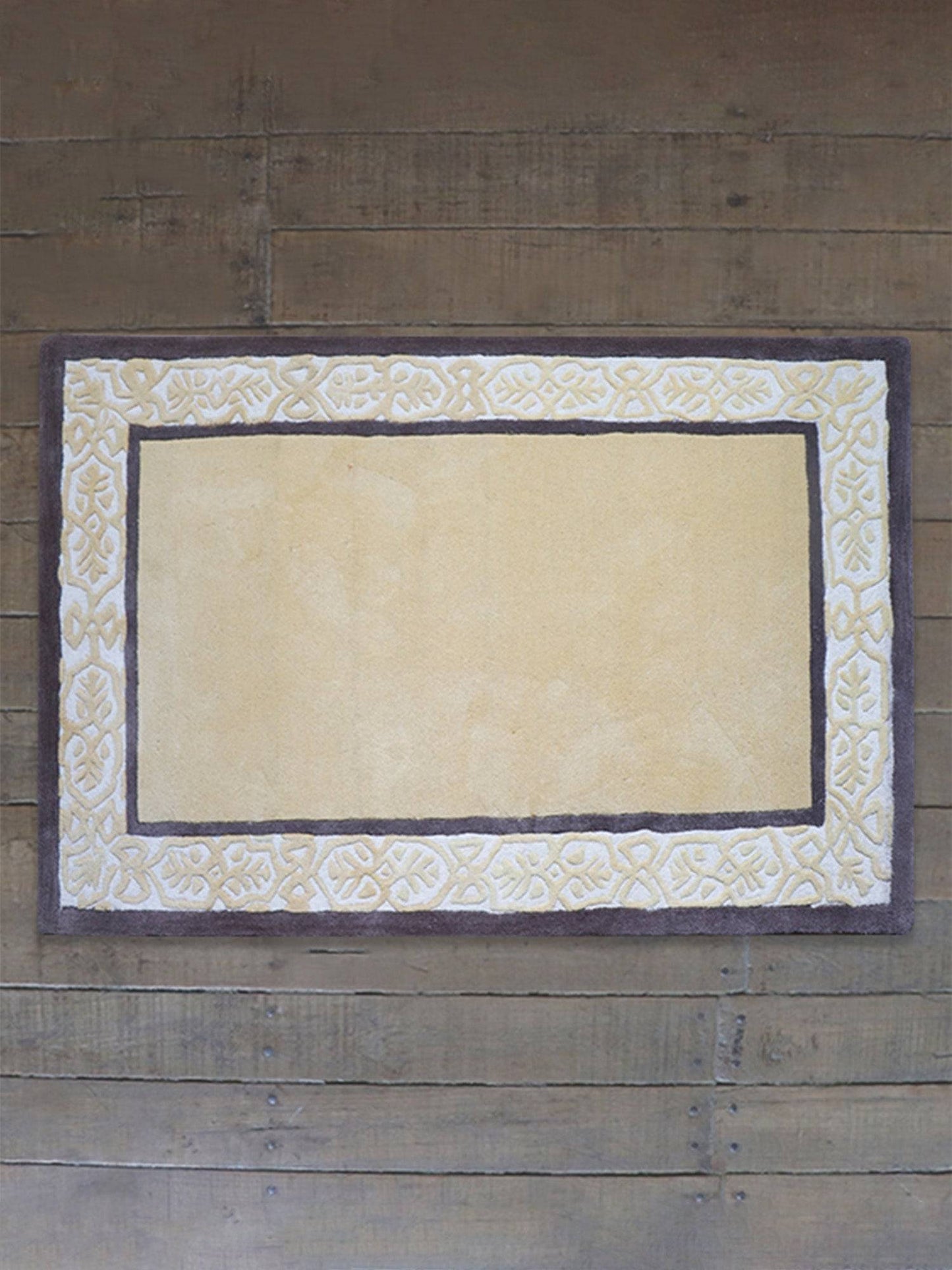 Carpet Hand Tufted 100% Woollen Ornamental Border Gold Brown - 4ft X 6ft