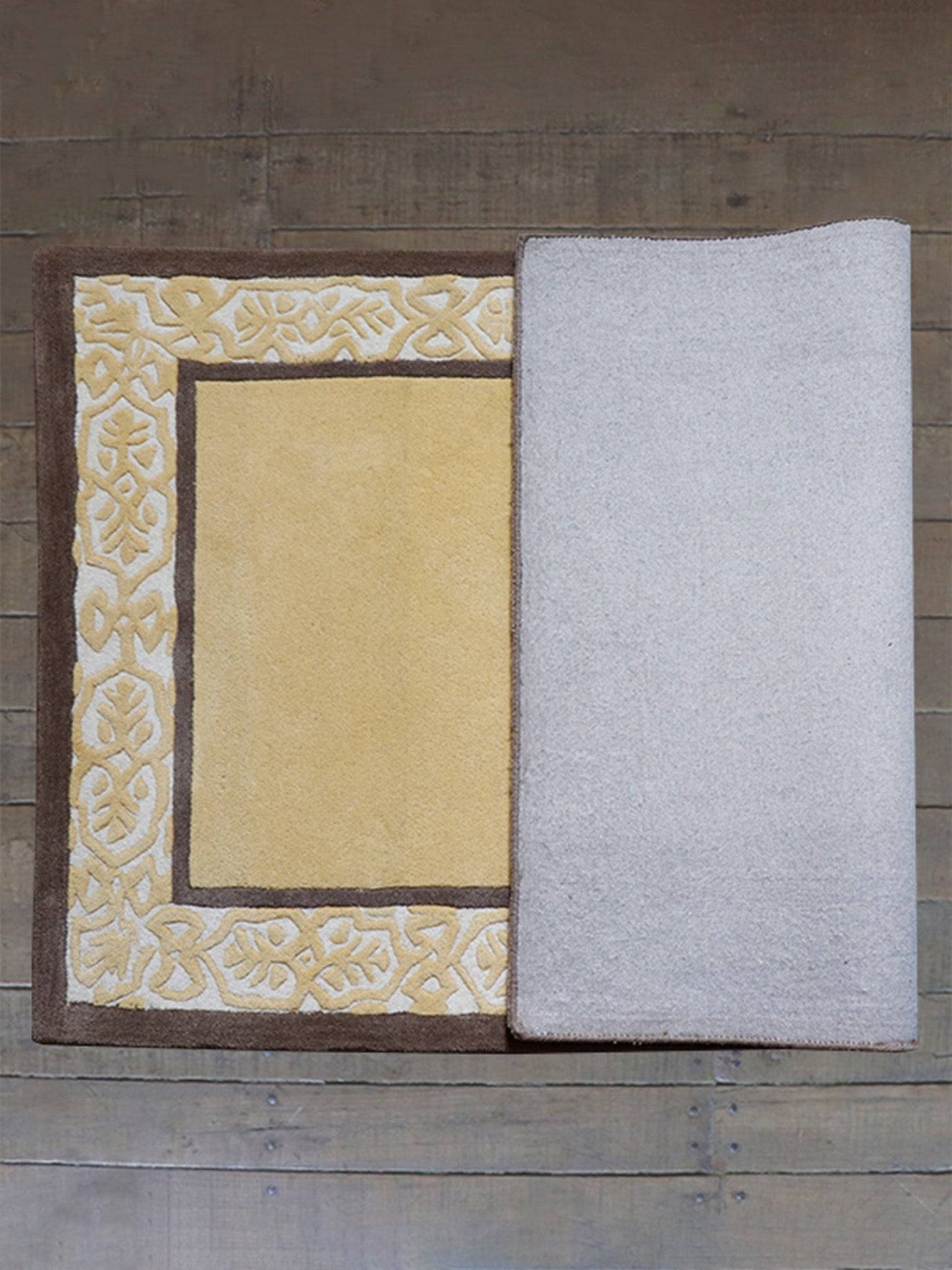 Carpet Hand Tufted 100% Woollen Ornamental Border Gold Brown - 4ft X 6ft