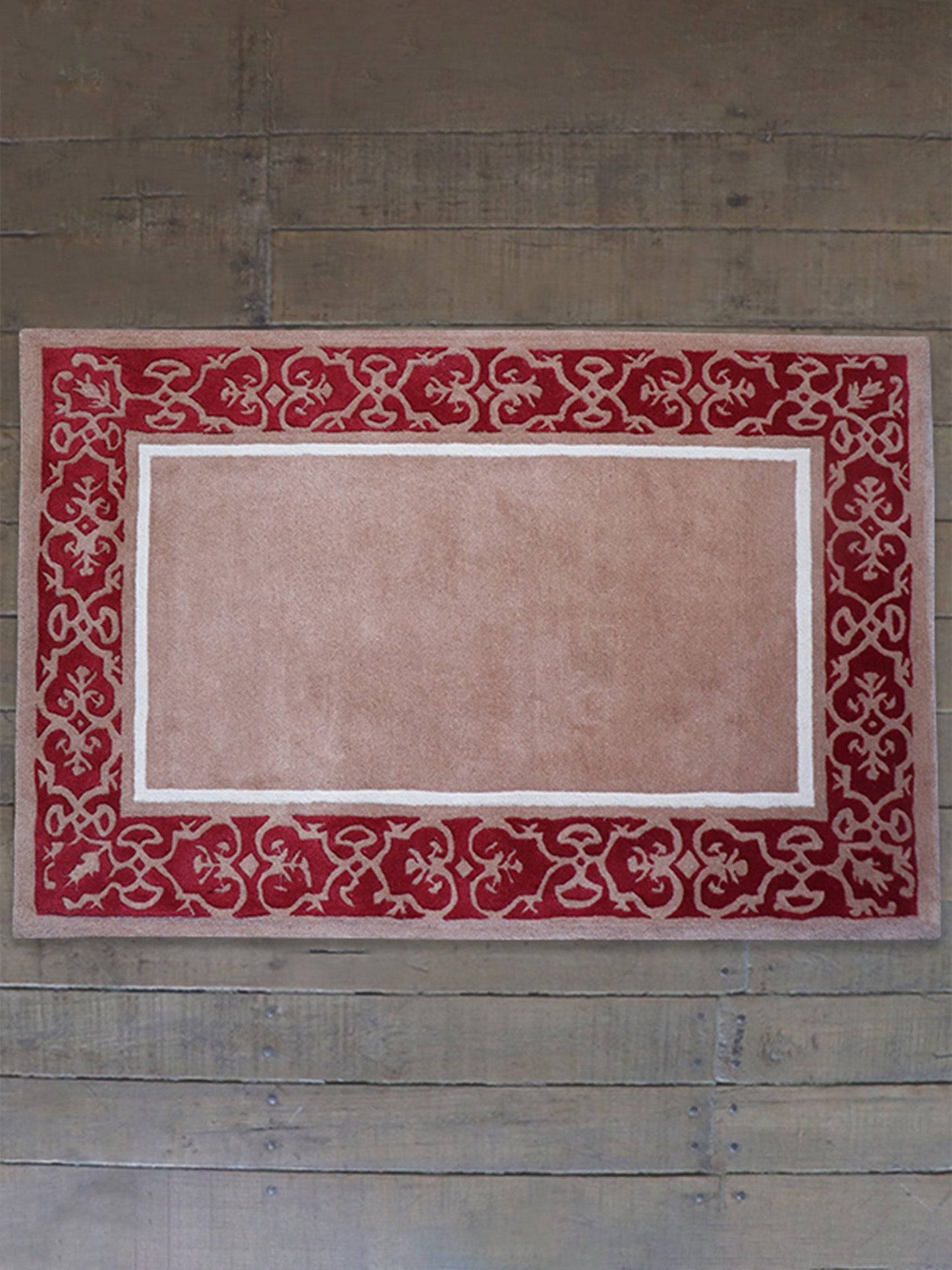 Carpet Hand Tufted 100% Woollen Beige And Red Bordered - 4ft x 6ft