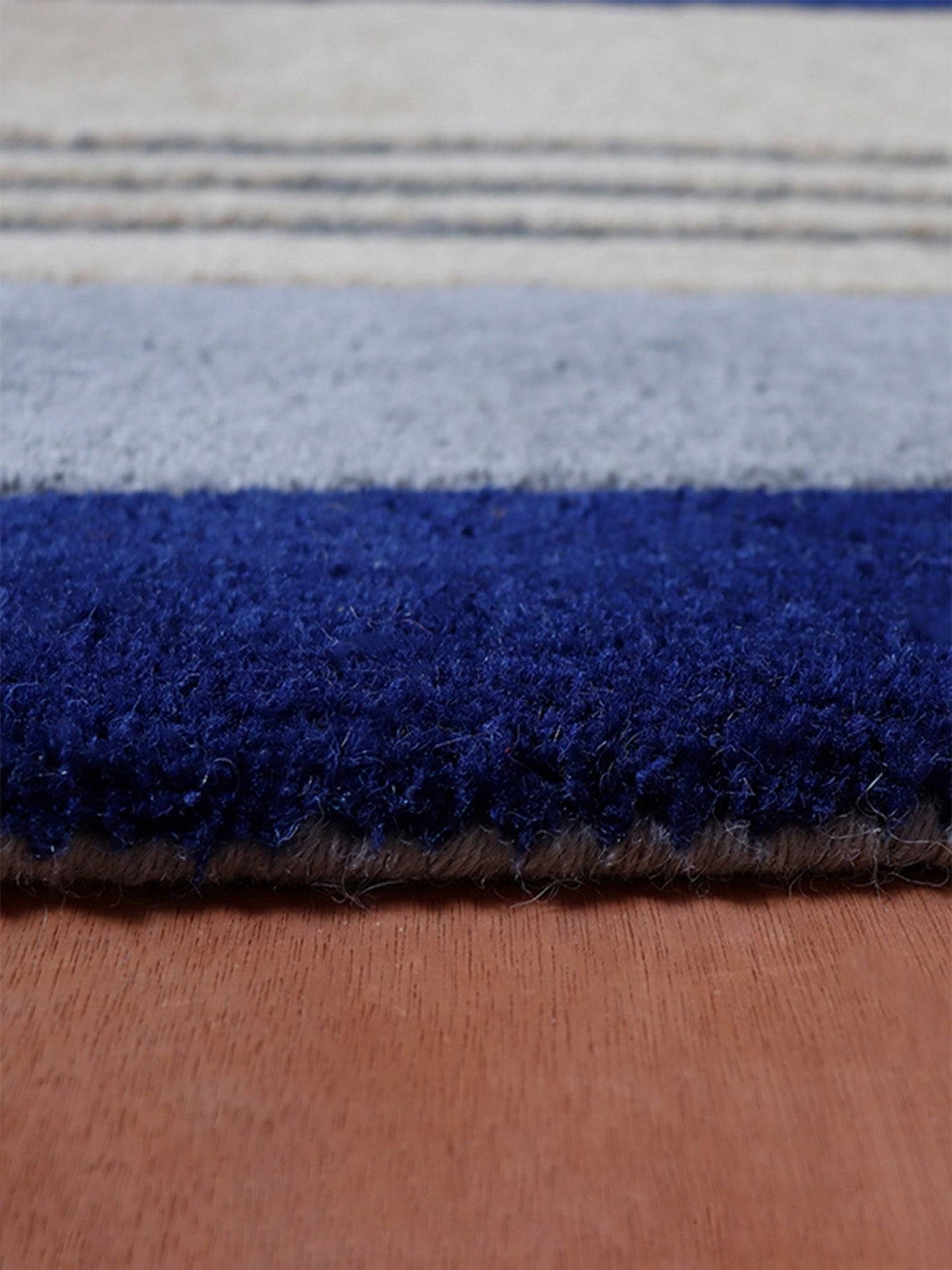 Carpet Hand Tufted 100% Woollen Off White Navy Grey Stripes Nautical - 4ft X 6ft