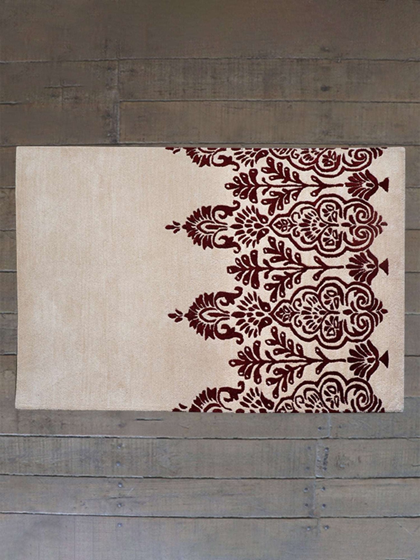 Carpet Hand Tufted 100% Woollen Damask Beige Maroon - 4ft X 6ft