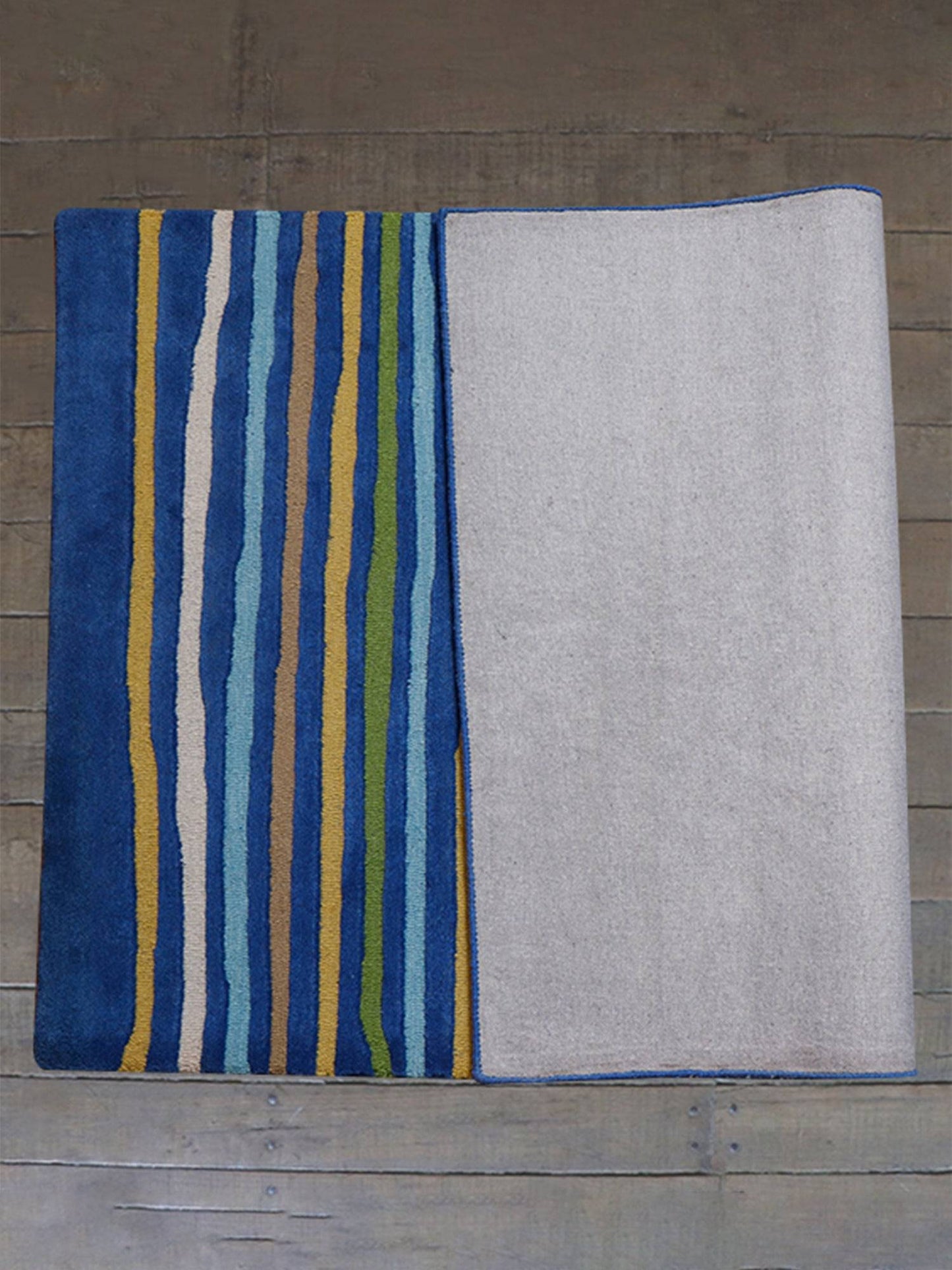 Carpet Hand Tufted 100% Woollen Blues Green Yellow Striped - 4ft X 6ft