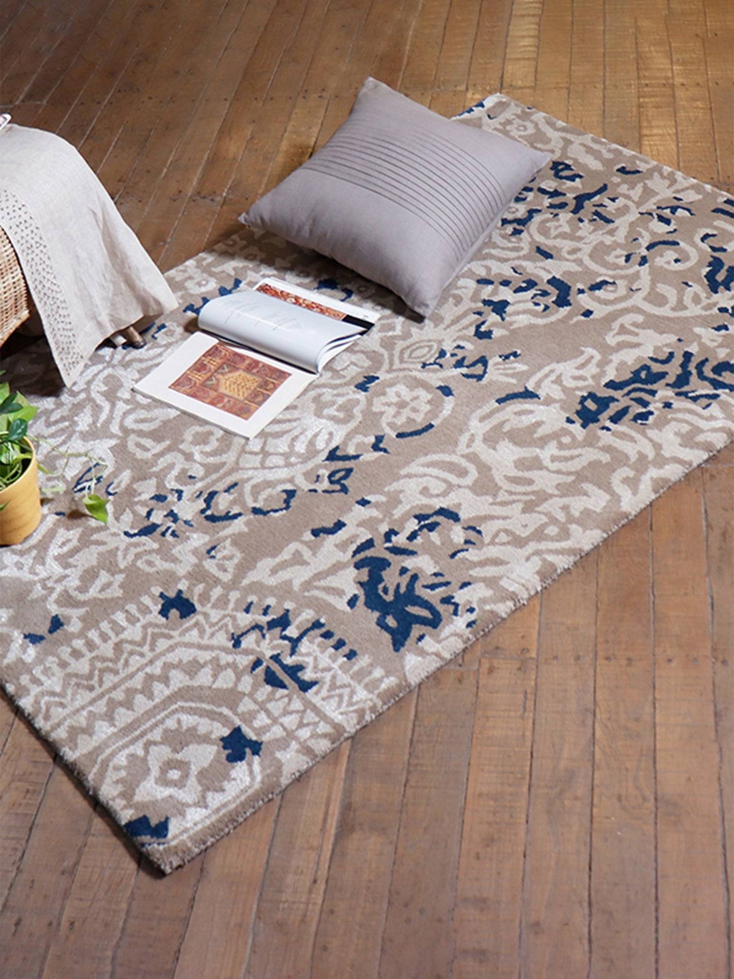 Carpet Hand Tufted 100% Woollen Mushroom, Rust And Aqua - 4ft X 6ft