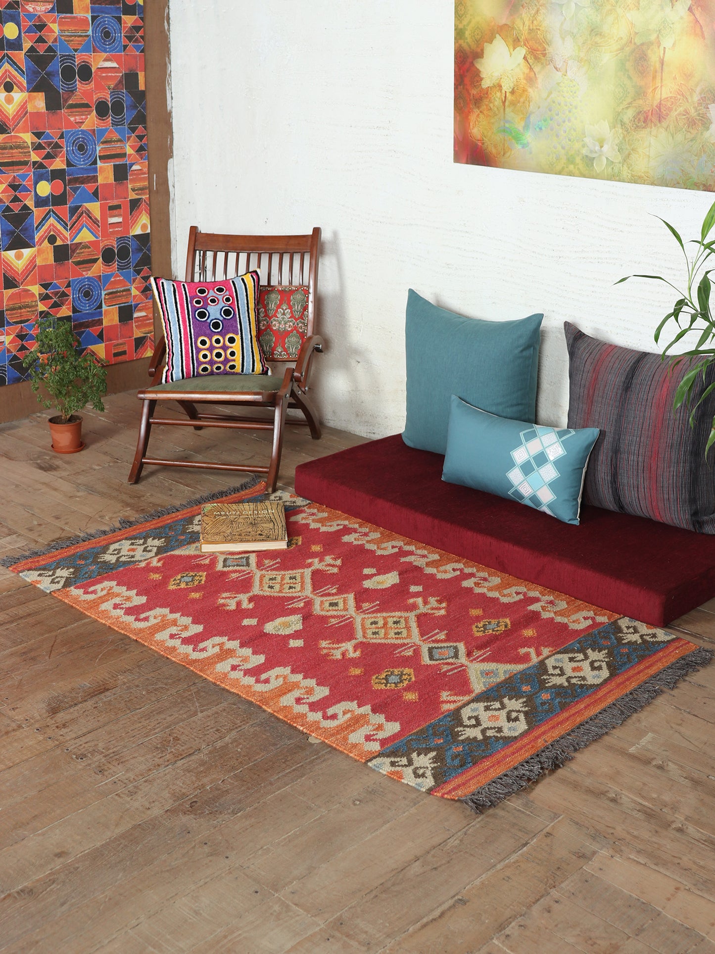 Dhurrie Handwoven Wollen for Floor, Living Room & Bedroom | Red - 3x5 feet