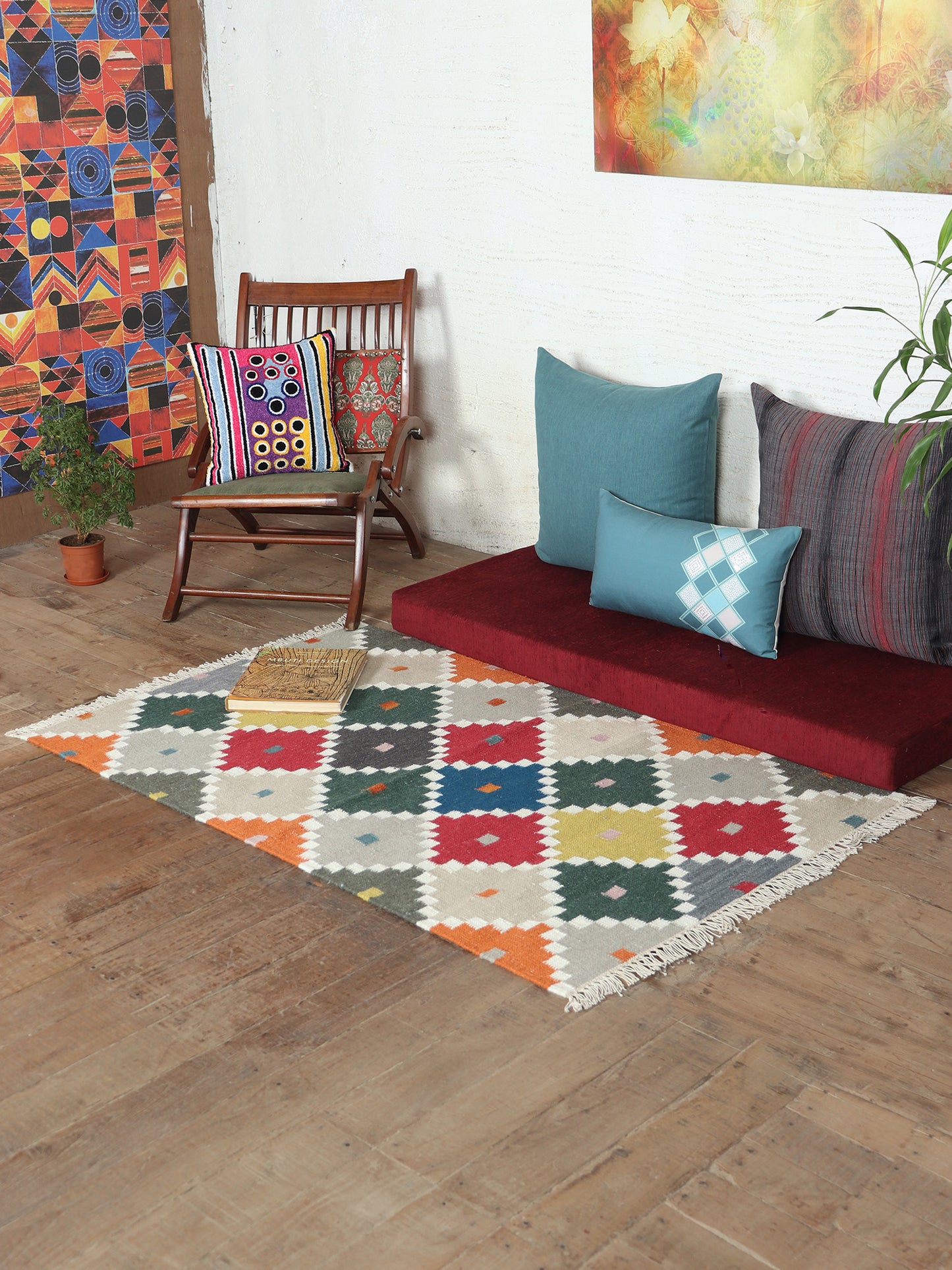Dhurrie Handwoven Wollen for Floor, Living Room & Bedroom | Multicolor - 3x5 feet