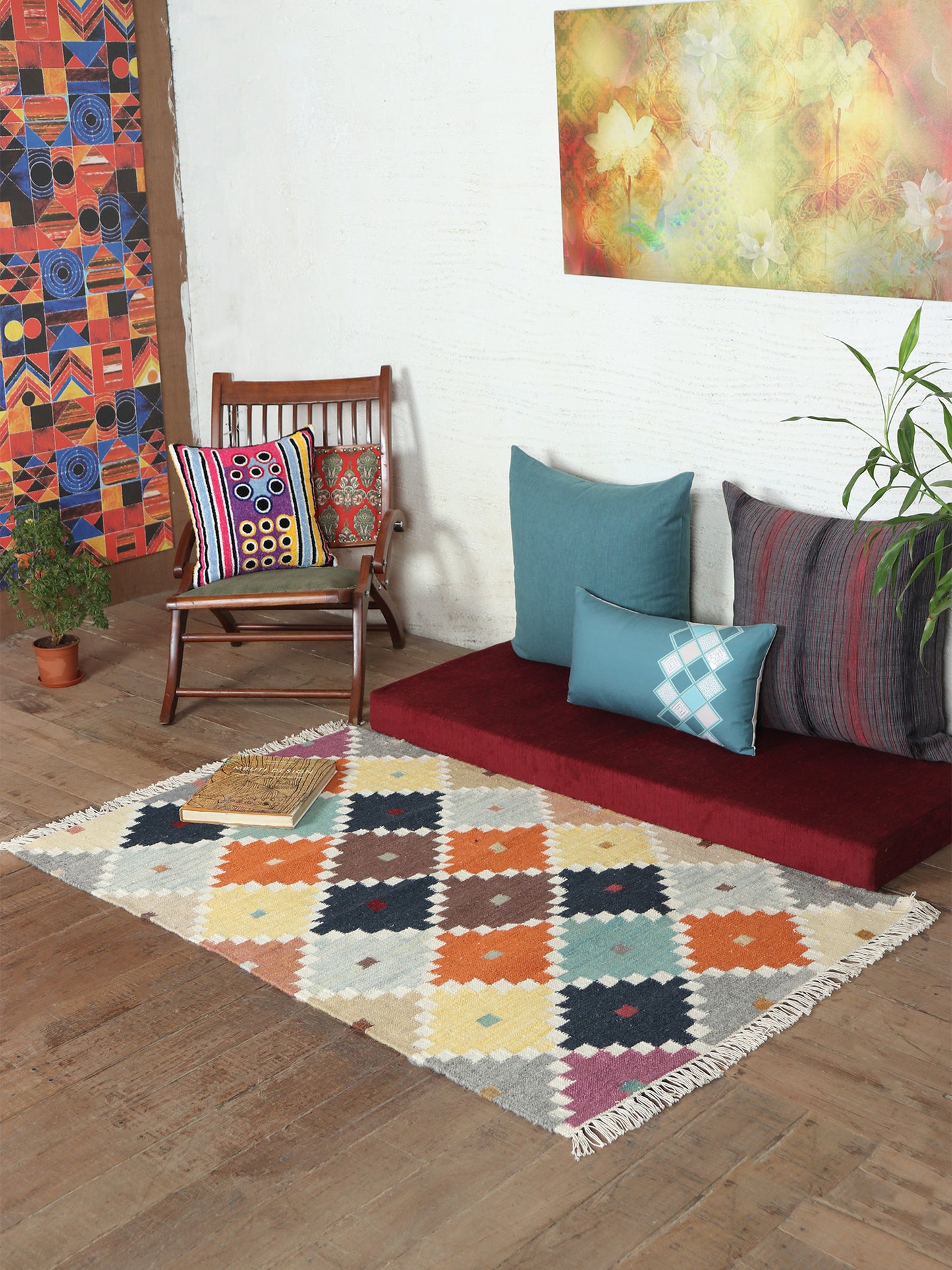 Dhurrie Handwoven Wollen for Floor, Living Room & Bedroom | Multicolor - 3x5 feet