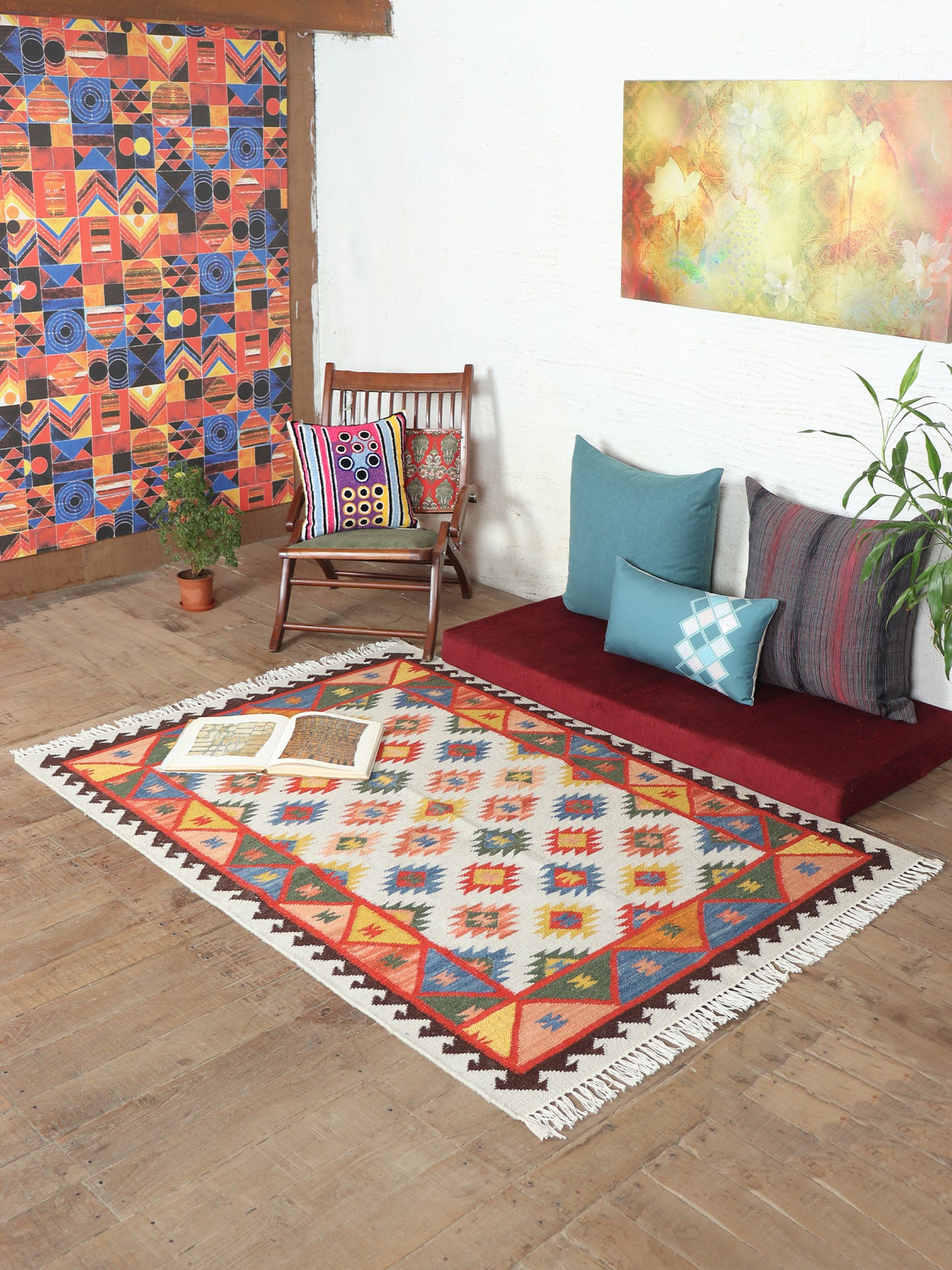 Dhurrie Handwoven Wollen for Floor, Living Room & Bedroom | Multicolor - 4x6 feet