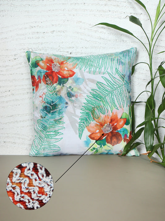Cushion Cover with Hand Embroidery (Silver Zari) on Floral Print - Cotton Blend | Multi - 16x16in(40x40cm) (Pack of 1)