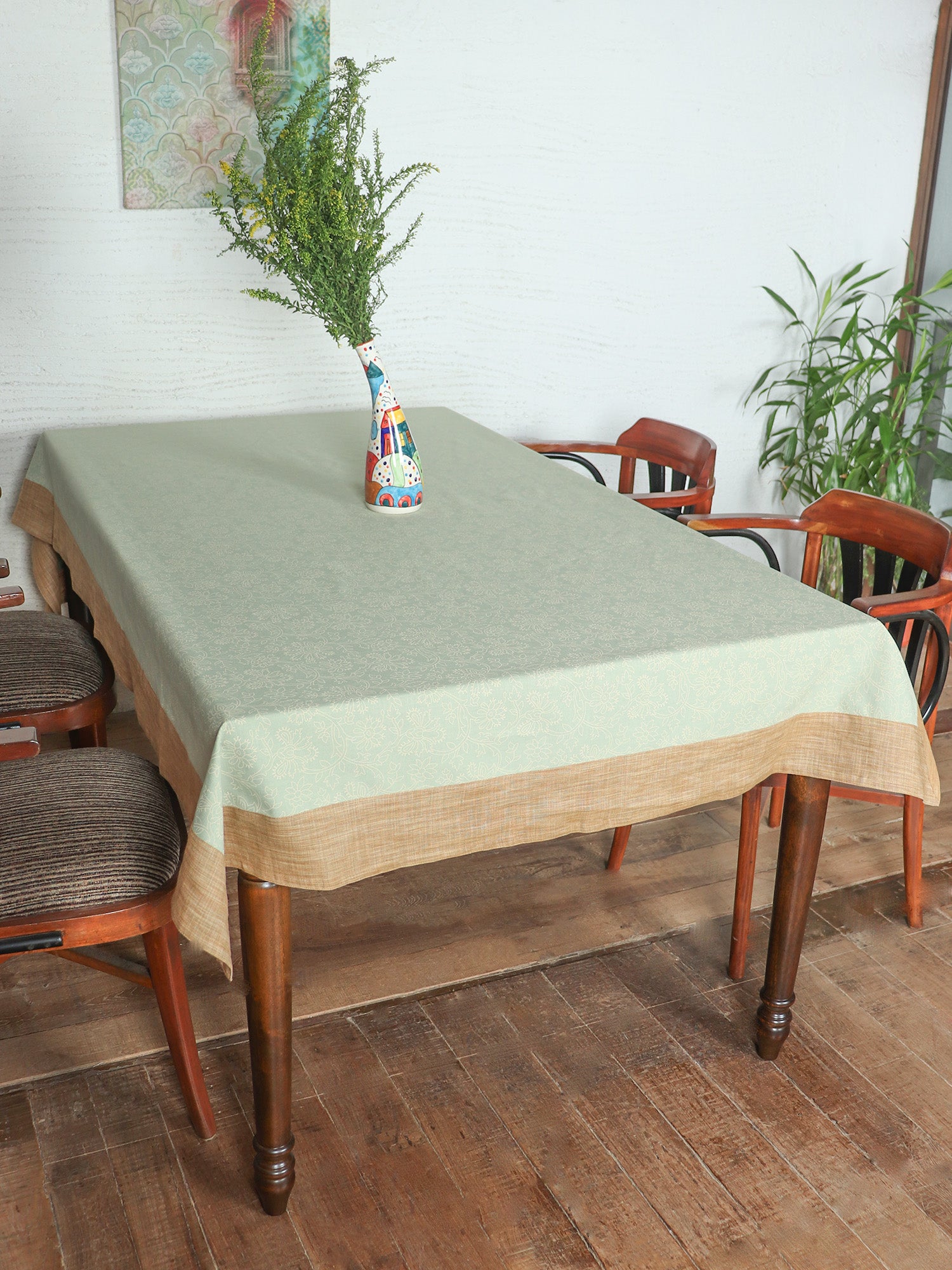 Table Cover with Panel Border and Self Textured Floral Pattern | Cotton Blend - Green Brown | Heat Resistant Cover for Kitchen Table/Dining Table Cloth, 52 X 84 Inches; 130 cm X 210 cm