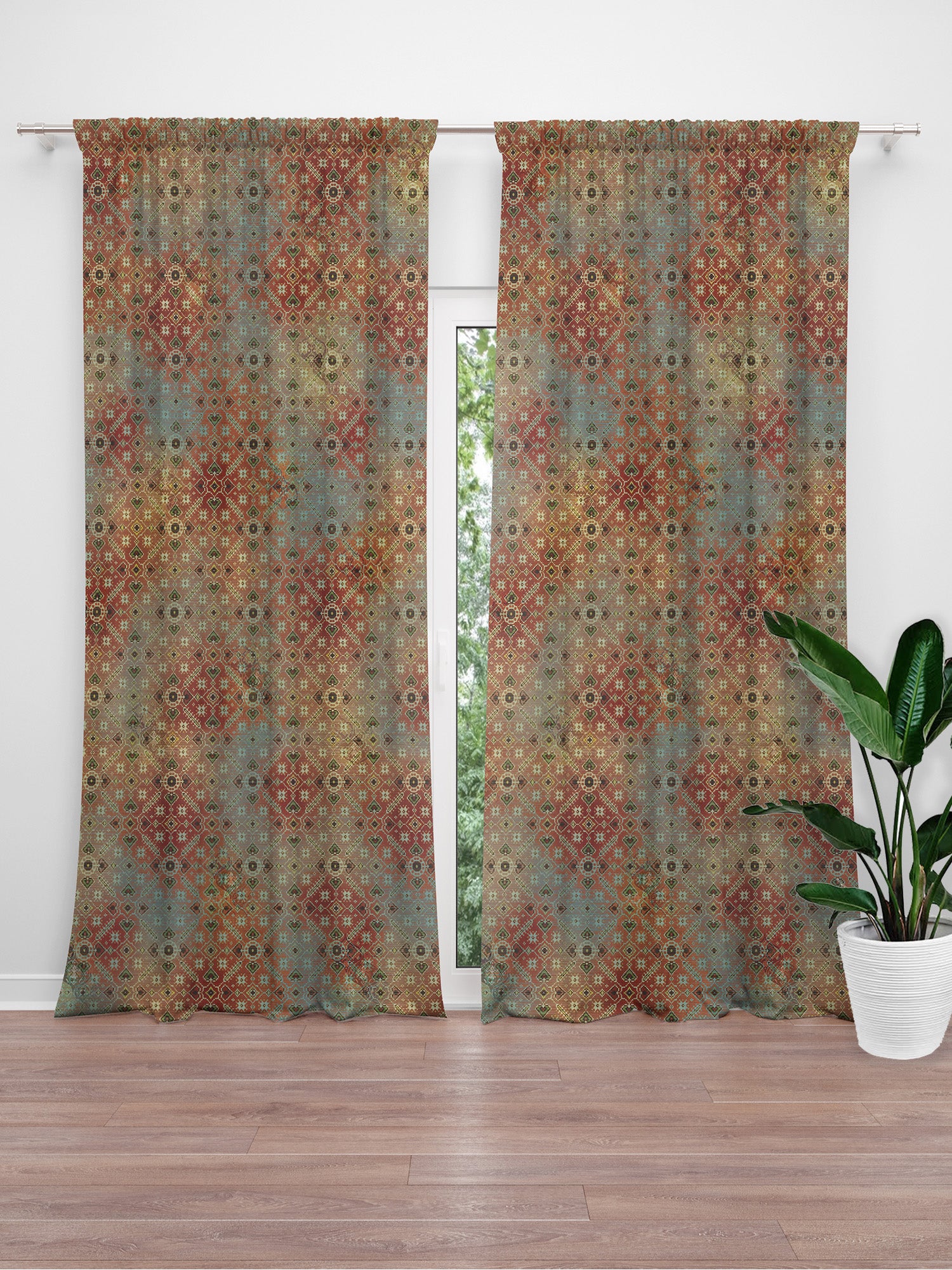 Door Curtain Cotton Blend Abstract Printed in Brown - 50" x 84" (Pack of 2)(Hidden Loop)