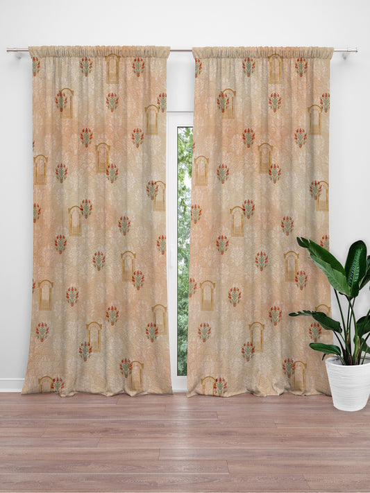 Room Darkening Blackout Door Curtain 7 Feet | Cotton Blend Curtain for Bedroom and Living Room with Hidden Loop | Mughal Jharokha Printed in Beige Brown Color - 50x84 inches (Pack of 2)