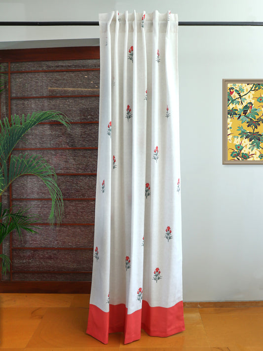 Door Curtain Cotton Blend Floral Digital Printed in White Orange Color - 50" x 84" (Hidden Loop)