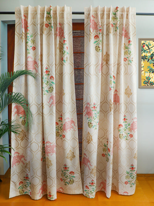 Door Curtain Cotton Blend Mughal Garden Printed in Beige Color - 50" x 84" (Pack of 2)(Hidden Loop)