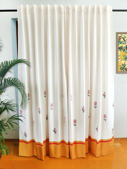 set of 2 blackout door curtains with hidden loop and floral print with mustard border at bottom, 7feet, 50x84 inch