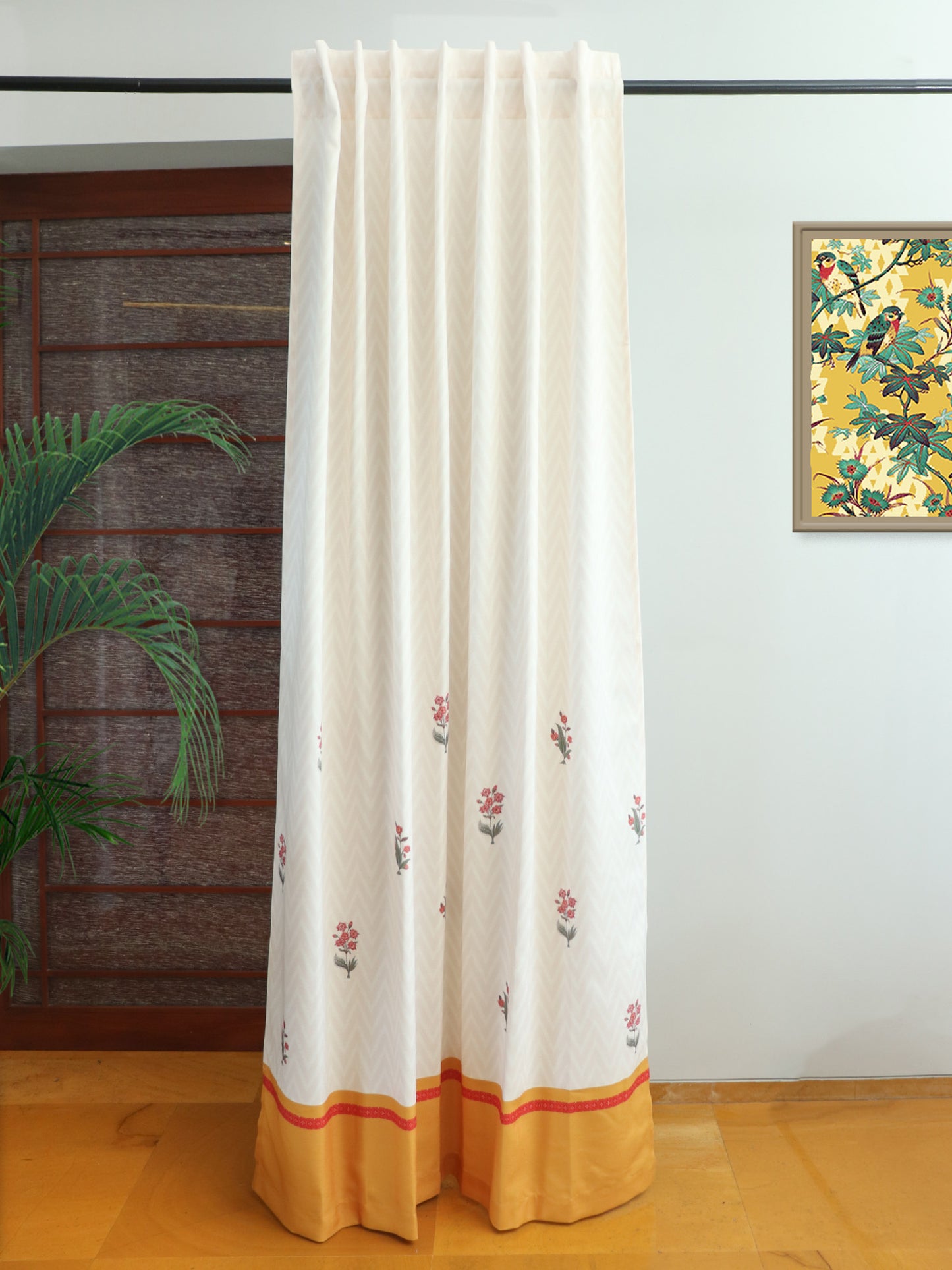 door curtain hidden pocket and floral print with mustard border at bottom, 7feet - 50x84 inch