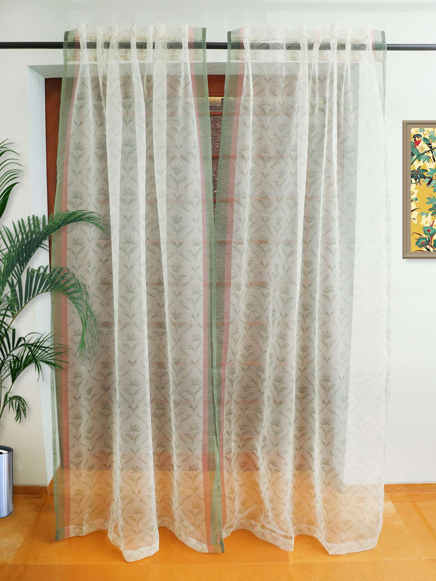 Transparent Organza Sheer Curtain for Door | Bedroom and Living Room | Soft and Light Weight | Floral Printed with Hidden Loop in Multicolor - 50x80 inches (7feet Long) (Pack of 2)