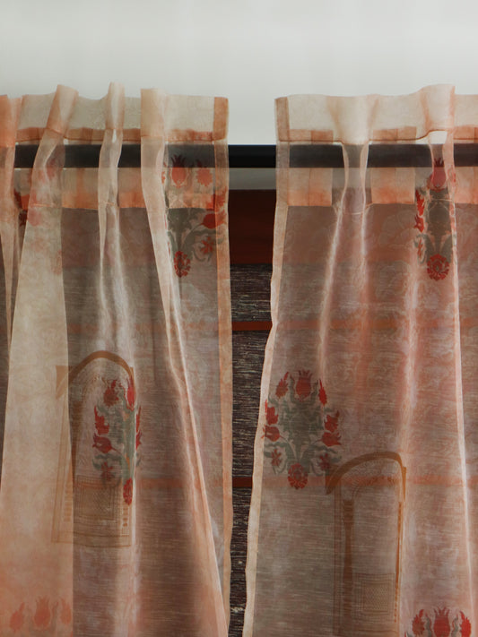 Organza Sheer Curtain Mughal Jharokha Printed Brown - 50" x 80" (Pack of 2)(Hidden Loop)