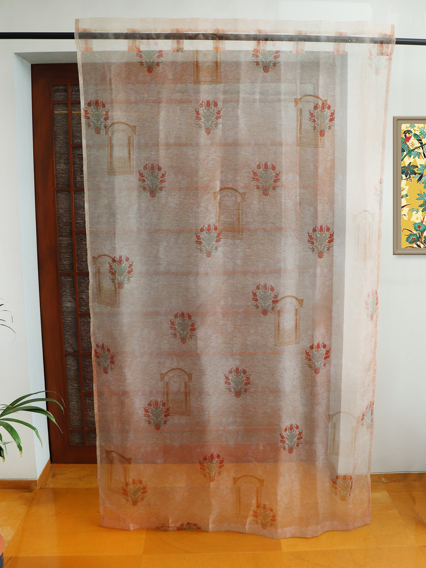 Transparent Organza Sheer Curtain for Door | Bedroom and Living Room | Soft and Light Weight | Mughal Jharokha Printed with Hidden Loop in Multicolor - 50x80 inches (7feet Long) (Pack of 1)