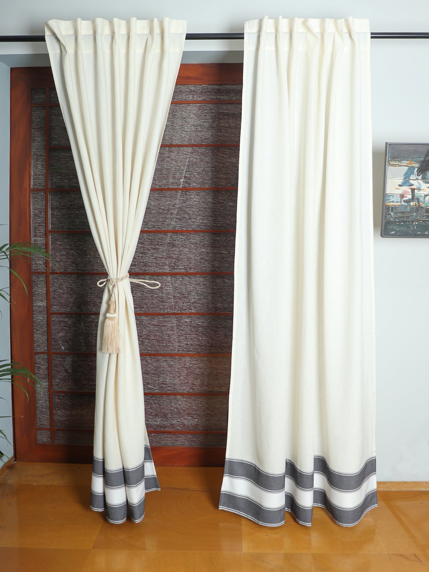 Door Curtain with Patchwork Cotton Blend White - 52" X 84" (Hidden Loop)