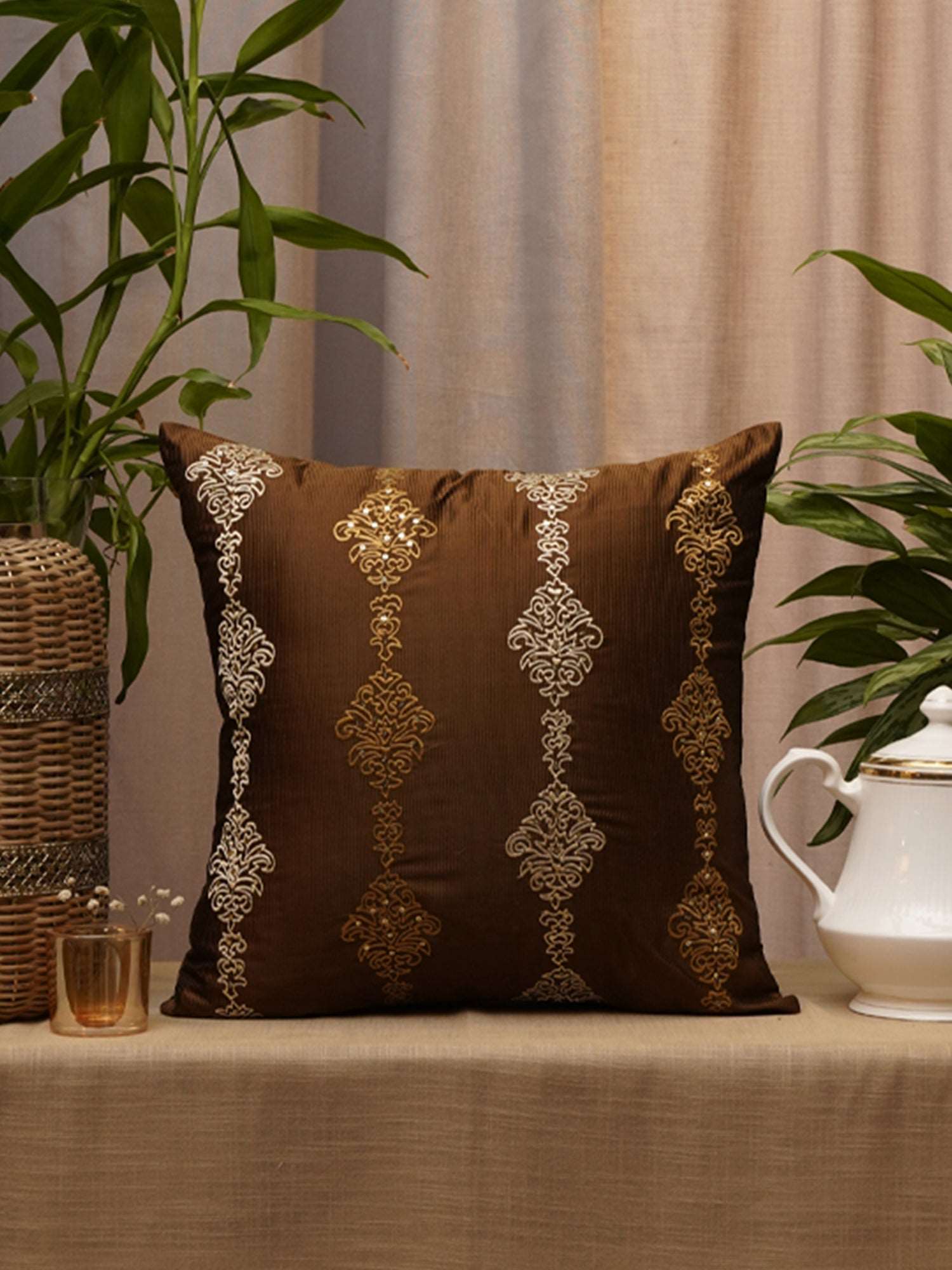 Cushion Cover Polyester Blend Embroidery Brown - 16" X 16"