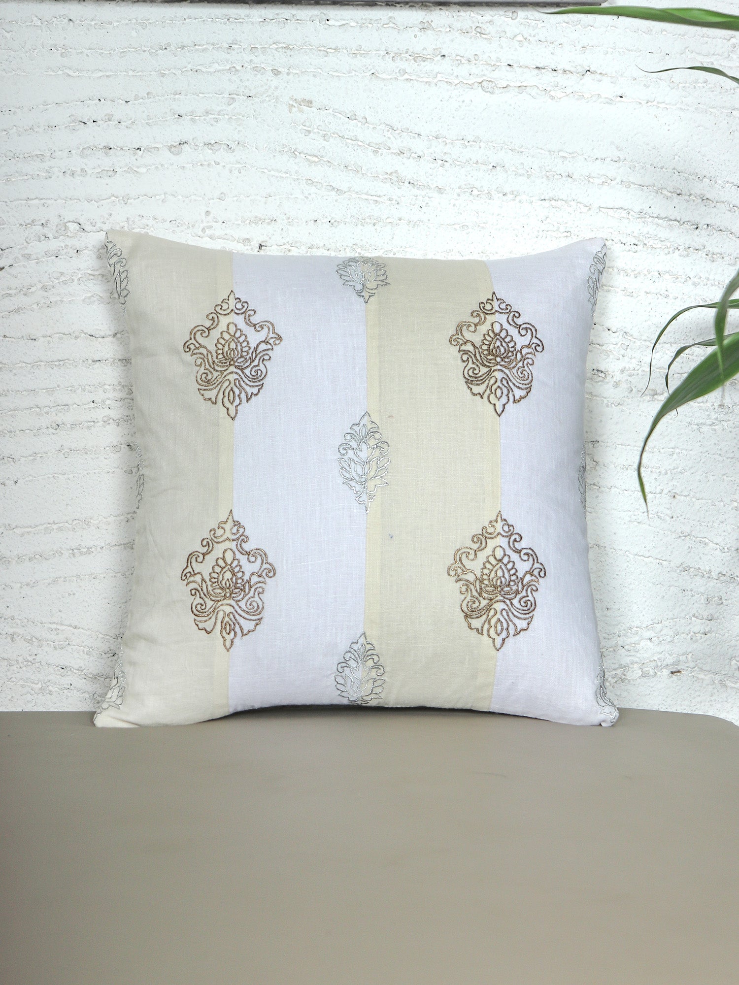 ZEBA World Square Cushion Cover for Sofa, Bed | Patchwork with Zari Hand Embroidery - Linen | Beige - 16x16in(40x40cm) (Pack of 1)
