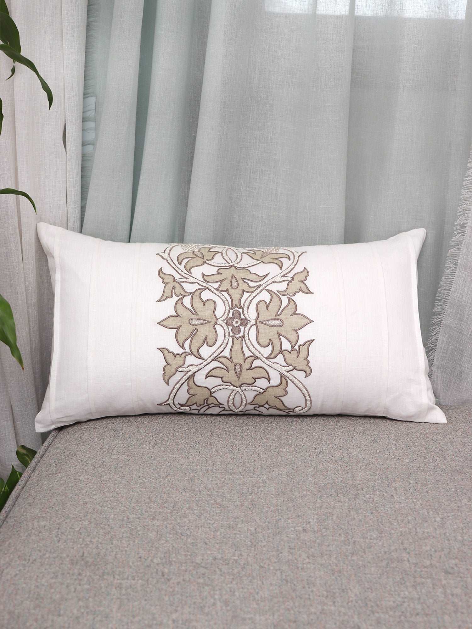 Cushion Cover Cotton with Applique, Machine Embroidery and Handwork & Pleats in White-  12x22inches 