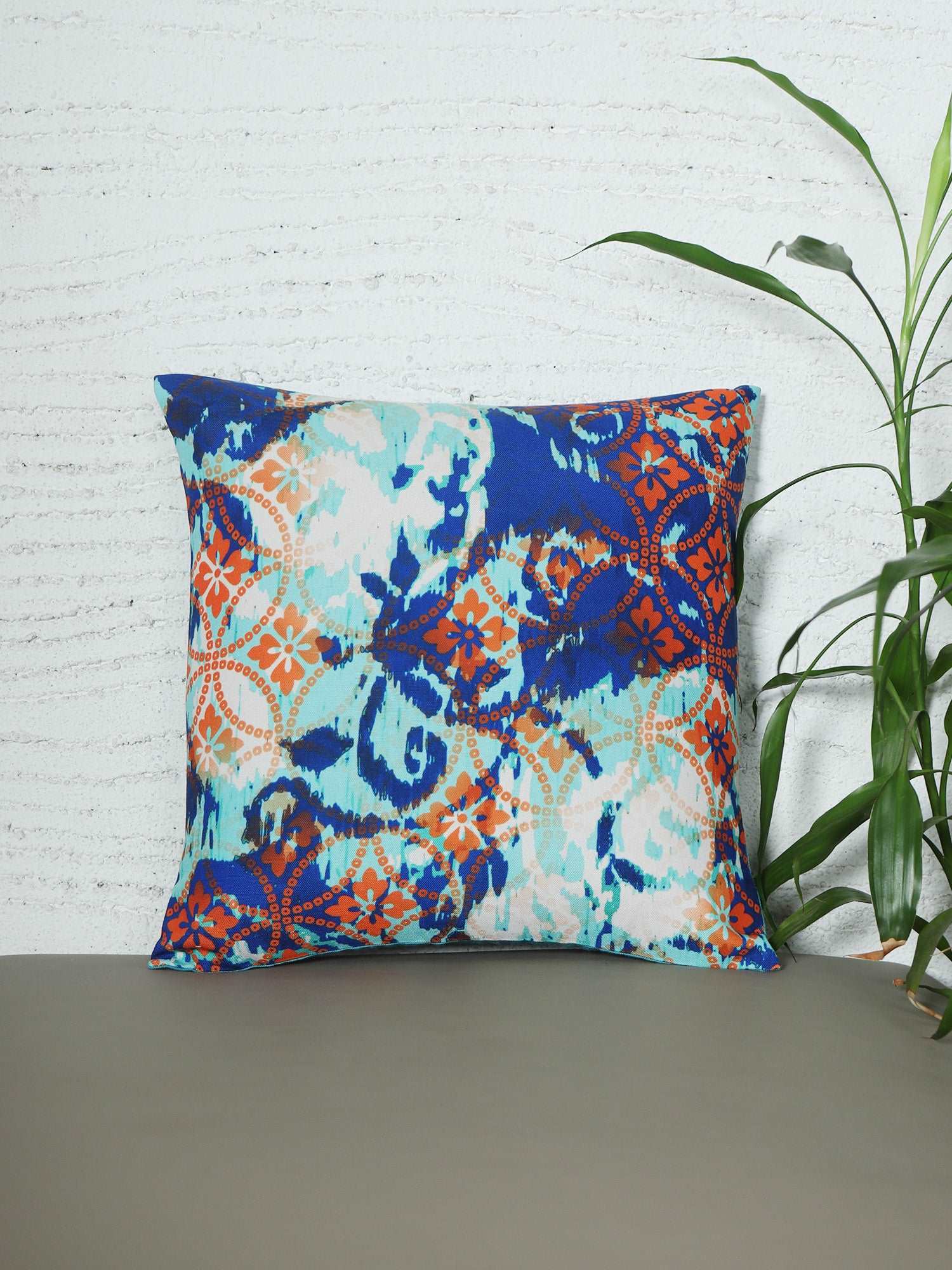 Cushion Cover for Sofa Bed Poly Canvas Ikat Print Aqua Blue