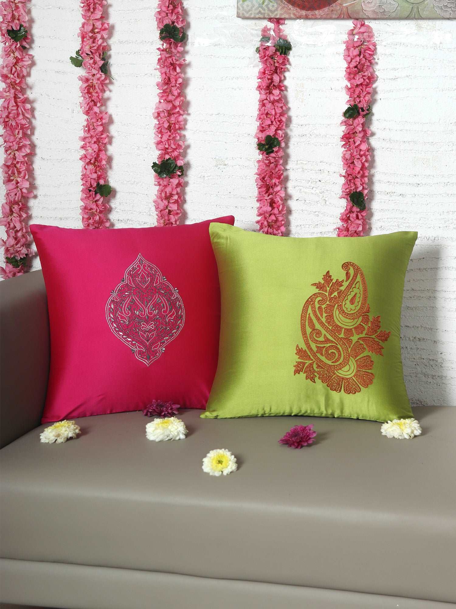 Cushion Cover for Sofa, Bed | Polyester Paisley Motif Embroidery | Multi Color - 16x16in(40x40cm) (Pack of 2)