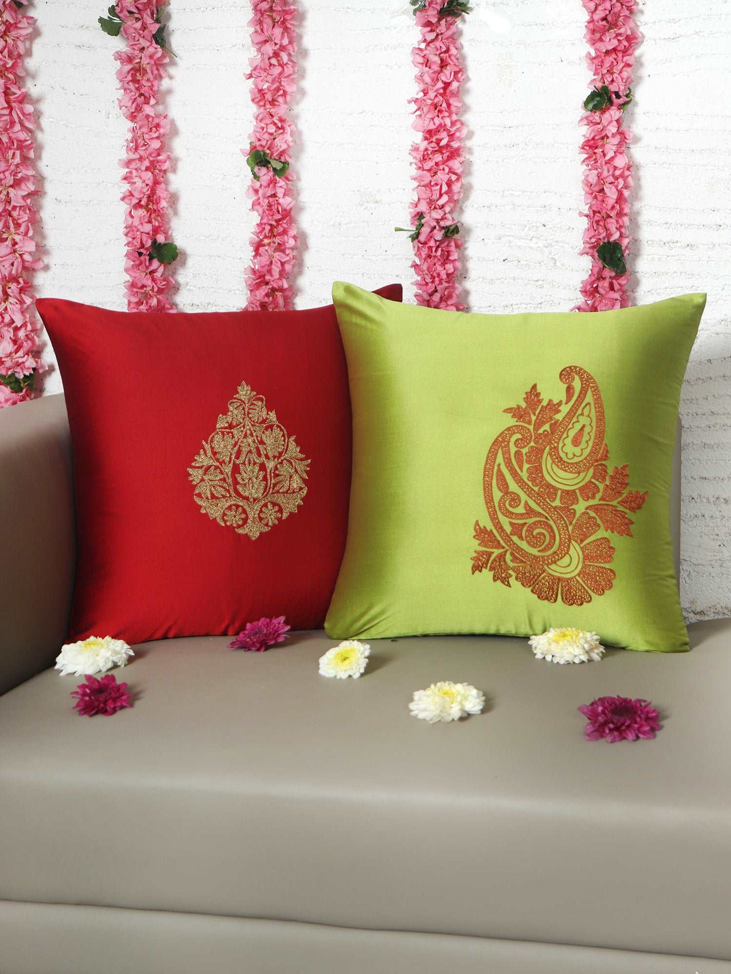 Cushion Cover for Sofa, Bed | Polyester  Motif Paisley Embroidery | Multi Color - 16x16in(40x40cm) (Pack of 2)