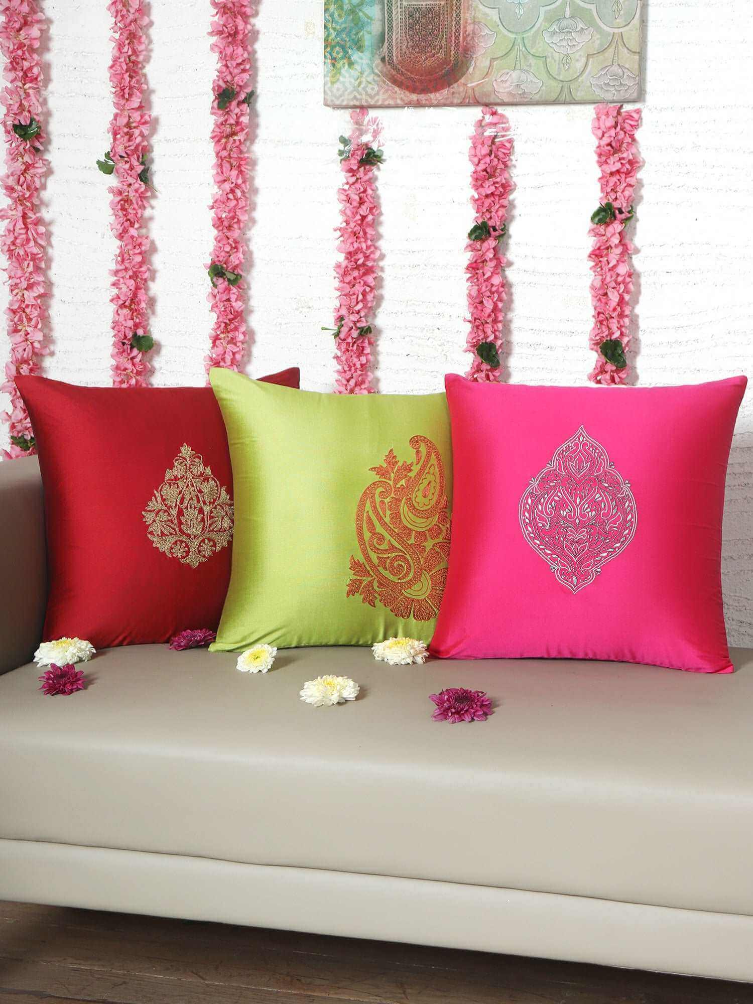 Cushion Cover for Sofa, Bed | Polyester Paisley Motif Embroidery | Multi Color - 16x16in(40x40cm) (Pack of 3)