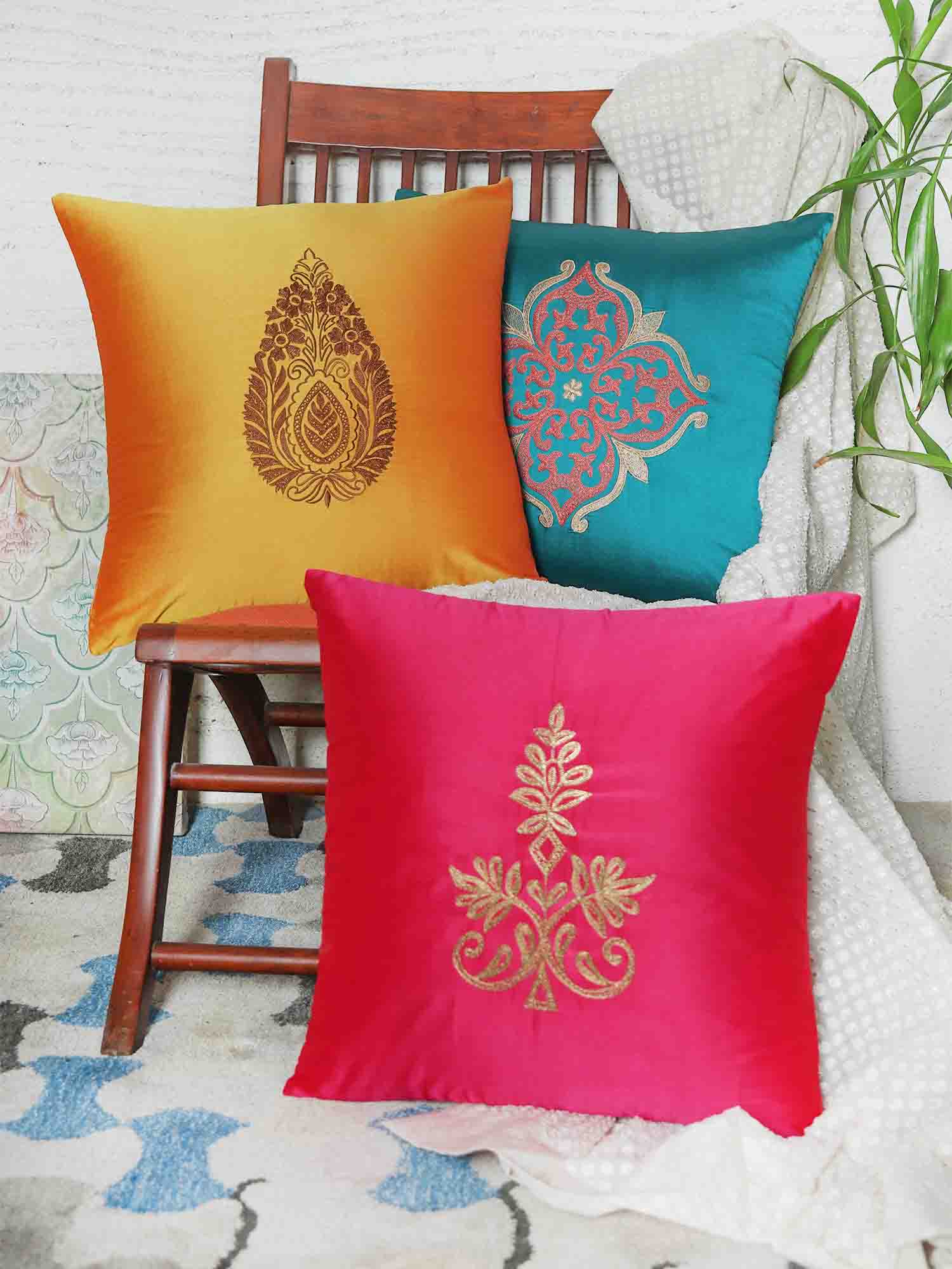 Cushion Cover for Sofa, Bed | Polyester Paisley Motif Embroidery | Multi Color - 16x16in(40x40cm) (Pack of 3)