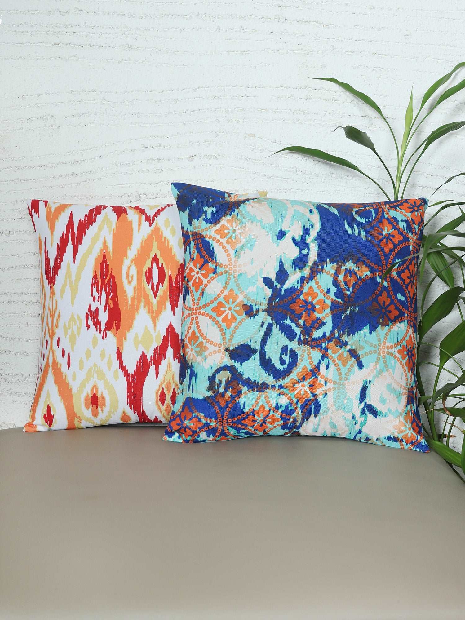 Cushion Cover for Sofa, Bed Poly Canvas Ikat Print | Multi color - 16x16in(40x40cm) (Pack of 2)