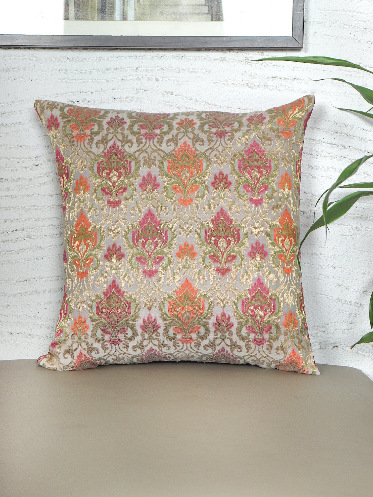 ZEBA World Square Eurosham Cushion Cover for Sofa, Bed | Banarasi Brocade Silk - Floral Weave | Multi - 20x20in(50x50cm) (Pack of 1)