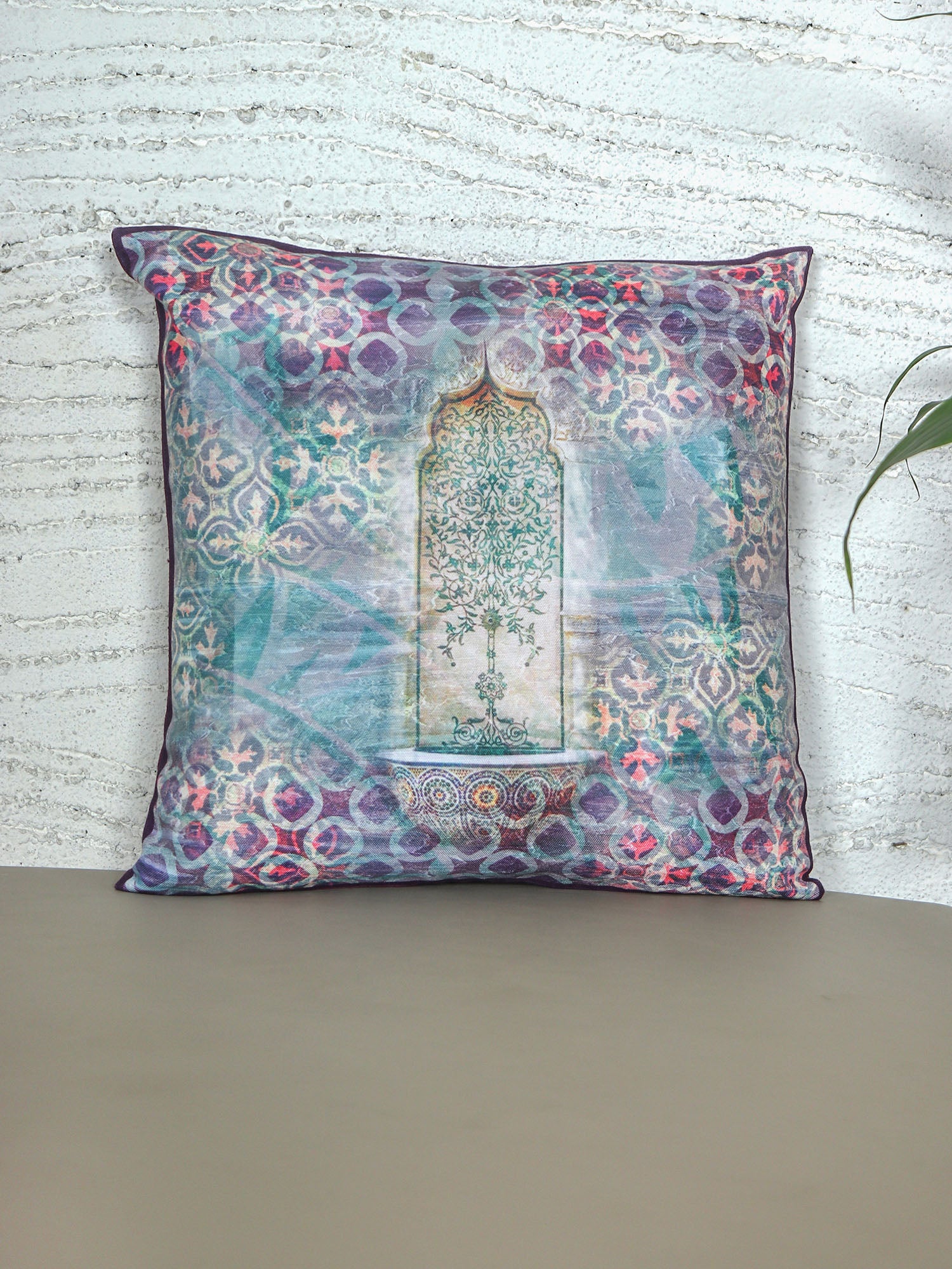 Cushion Cover with Mughal Jharokha Print - Polycanvas | Multicolor - 16x16in