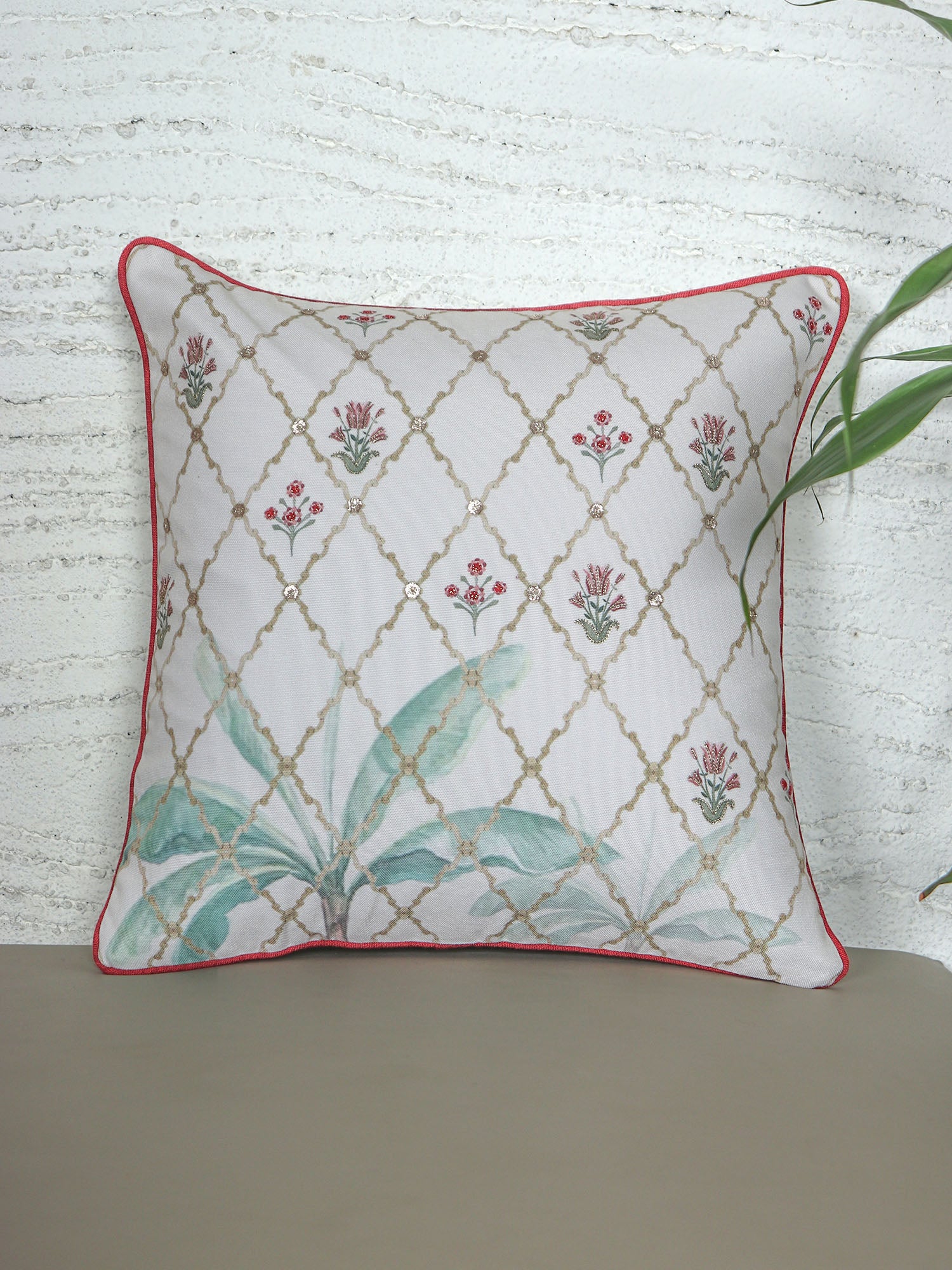 Cushion Cover with Hand Embroidery on Mughal Garden Print with Cord Piping - Cotton Blend | White - 16x16in