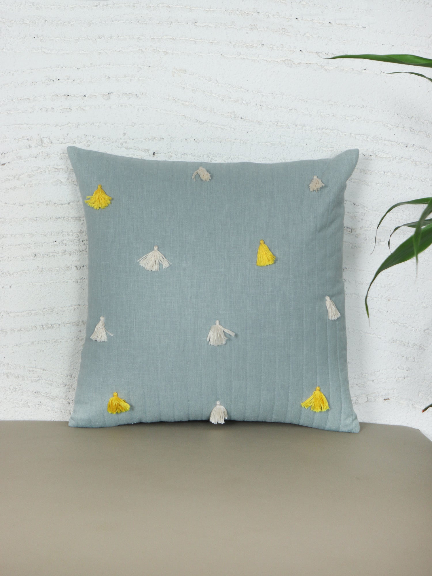 ZEBA World Eurosham Cushion Cover for Sofa, Bed | Quilted with Tassels - Cotton Blended | Light Blue - 20x20in(50x50cm) (Pack of 1)