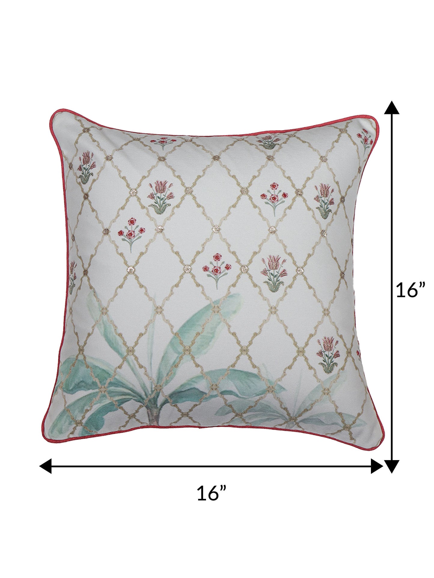 ZEBA World Square Cushion Cover for Sofa, Bed | Hand Embroidery on Mughal Garden Print with Cord Piping - Cotton Blend | White - 20x20in(50x50cm) (Pack of 1)