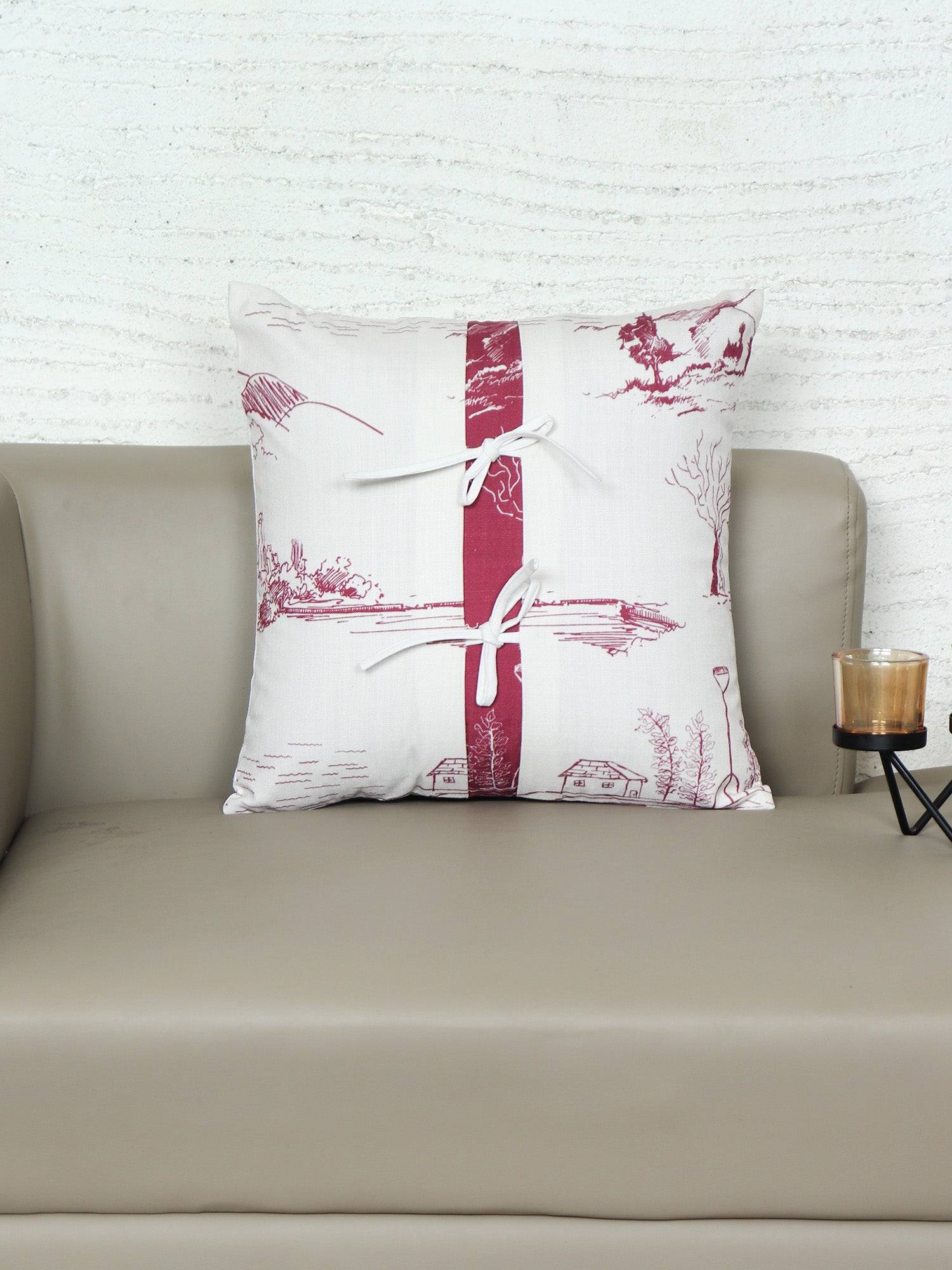 Cushion Cover - Luxe Collection | Sofa, Bedroom, Couch | Polycanvas Floral Printed with Overlapping Patch and Dori - Maroon on White - 16x16 inch (40x40 cms) (Pack of 1)