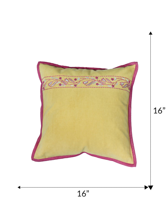 Hand Embroidered Cushion Cover - Luxe Collection | Sofa, Bedroom, Couch | Polycanvas Floral Embroidery with Flange Border - Yellow - 16x16 inch (40x40 cms) (Pack of 1)