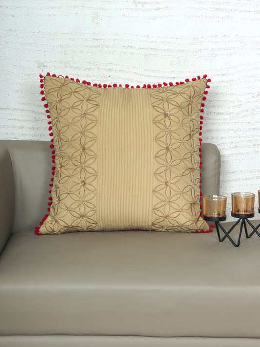 Hand Embroidered Cushion Cover - Luxe Collection | Sofa, Bedroom, Couch | Polycanvas Embroidery with Pompoms - Cream - 18x18 inch (45x45 cms) (Pack of 1)