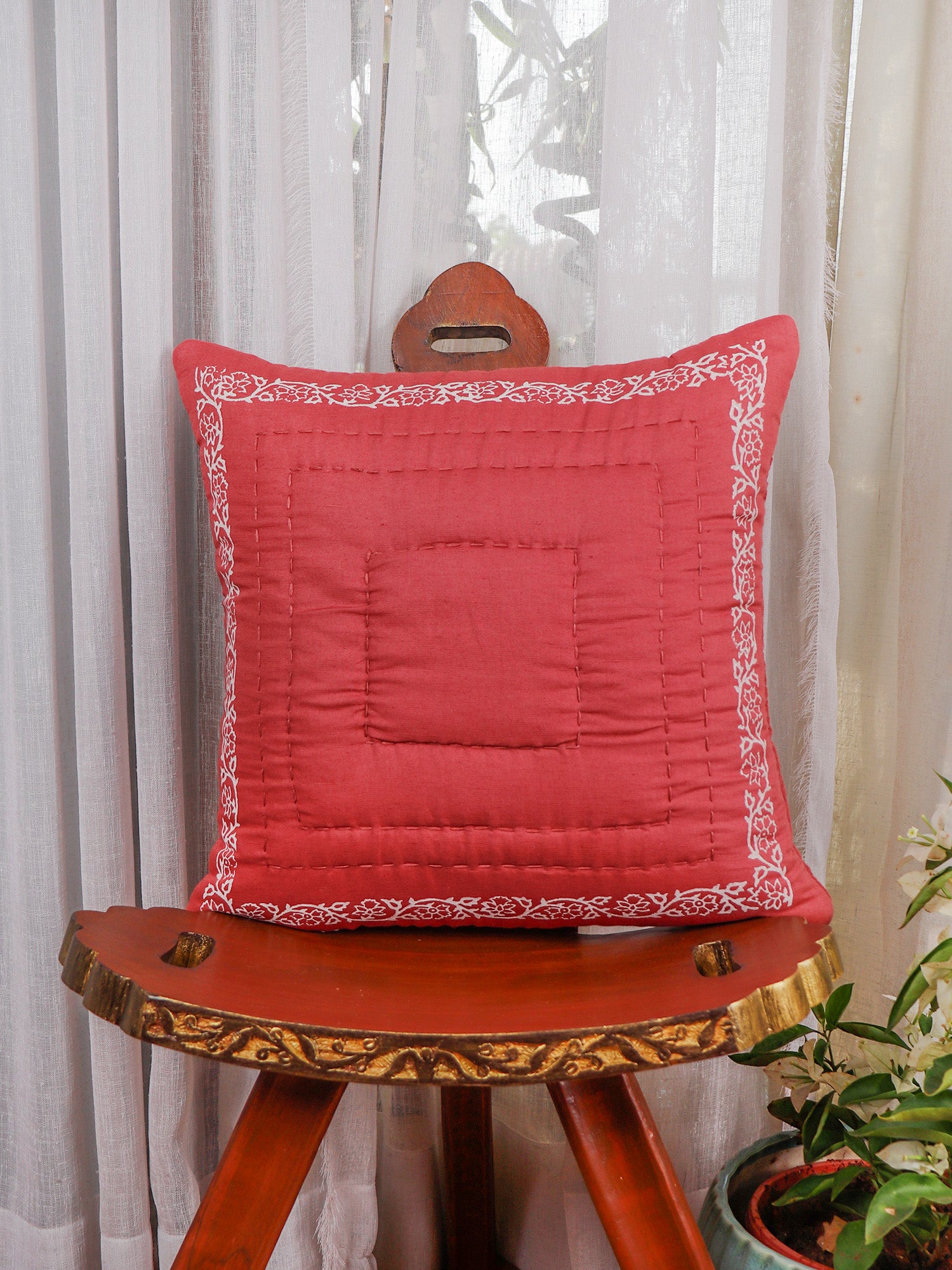 Hand Embroidered Luxe Collection Cushion Cover | Block Printing Coral - 16x16 Inches