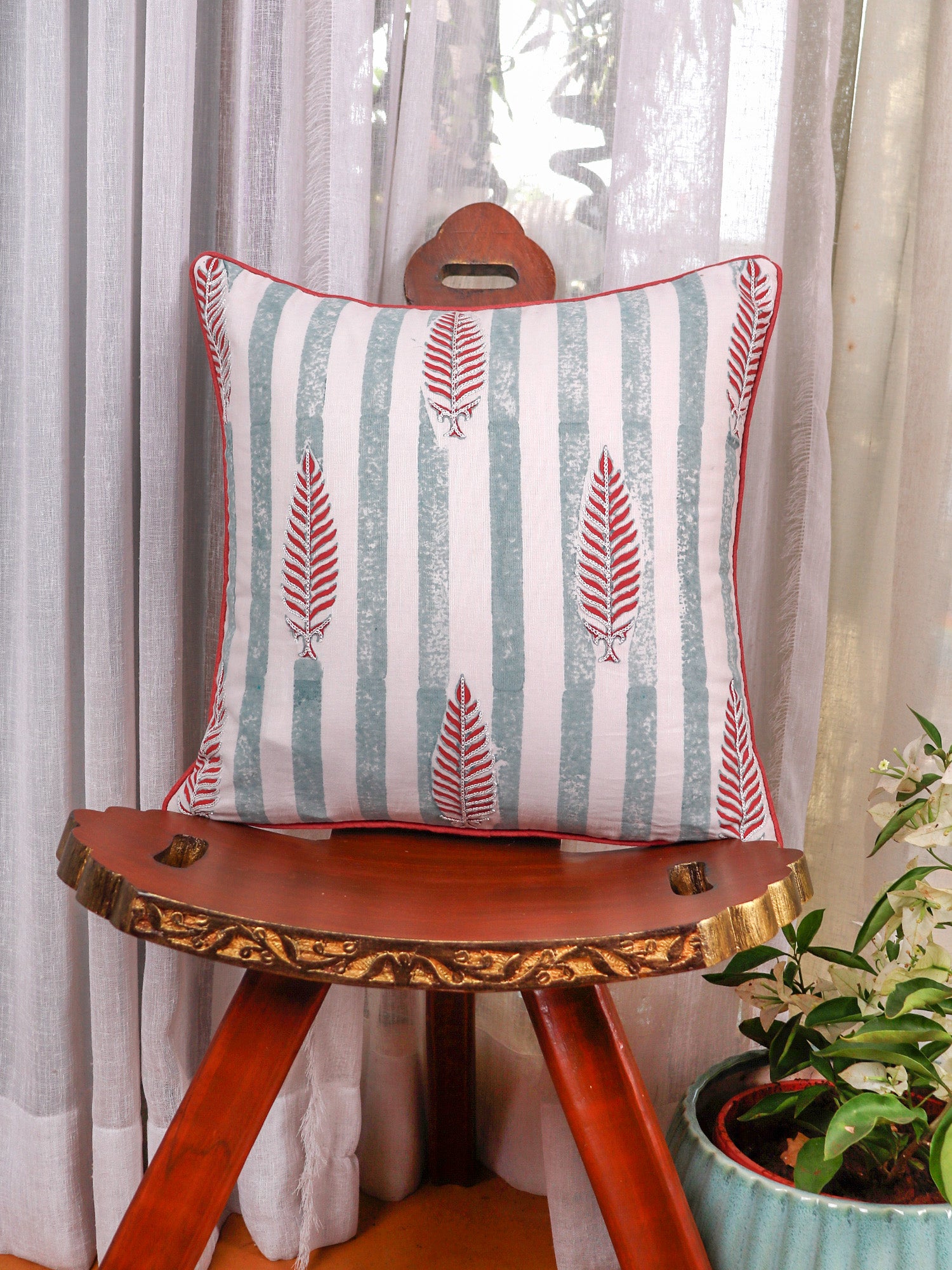 Hand Embroidered Luxe Collection Cushion Cover | Block Printed, and Cord Piping Off White - 16x16 Inches