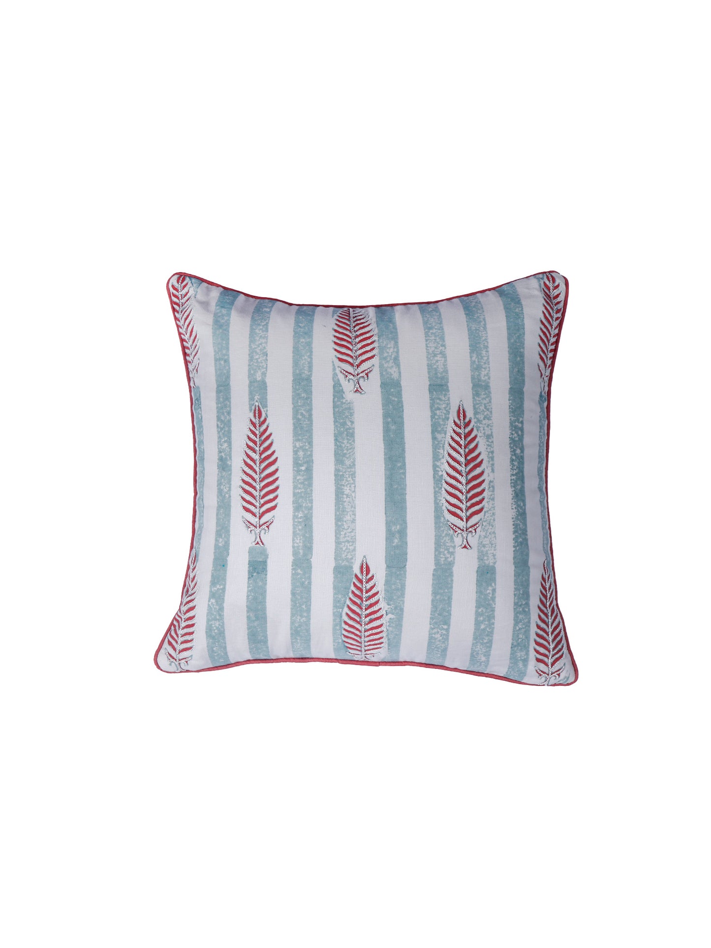 Hand Embroidered Luxe Collection Cushion Cover | Block Printed, and Cord Piping Off White - 16x16 Inches