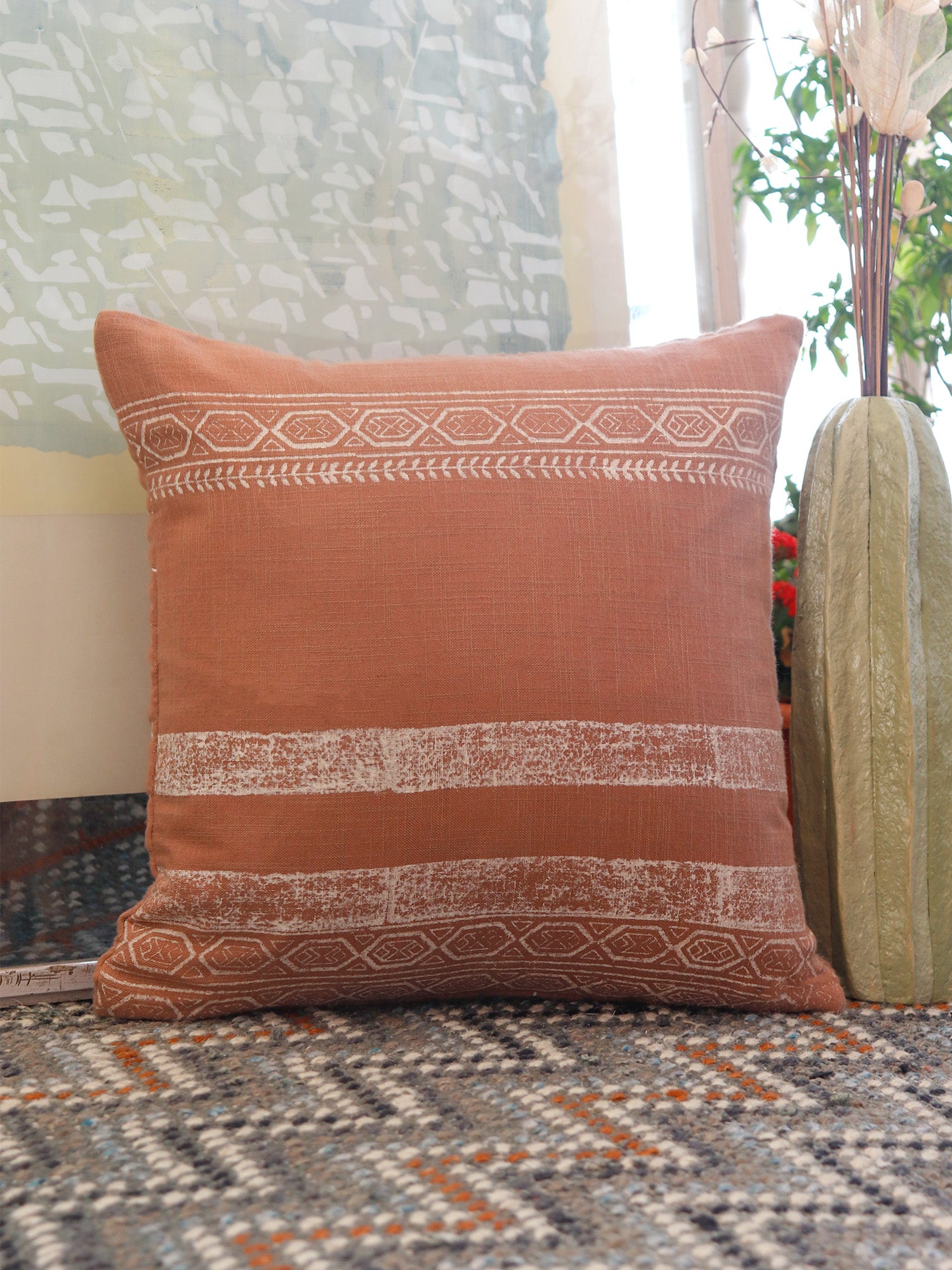 Block Printed Cushion Cover | Quilting - Linen 16 x 16 inches