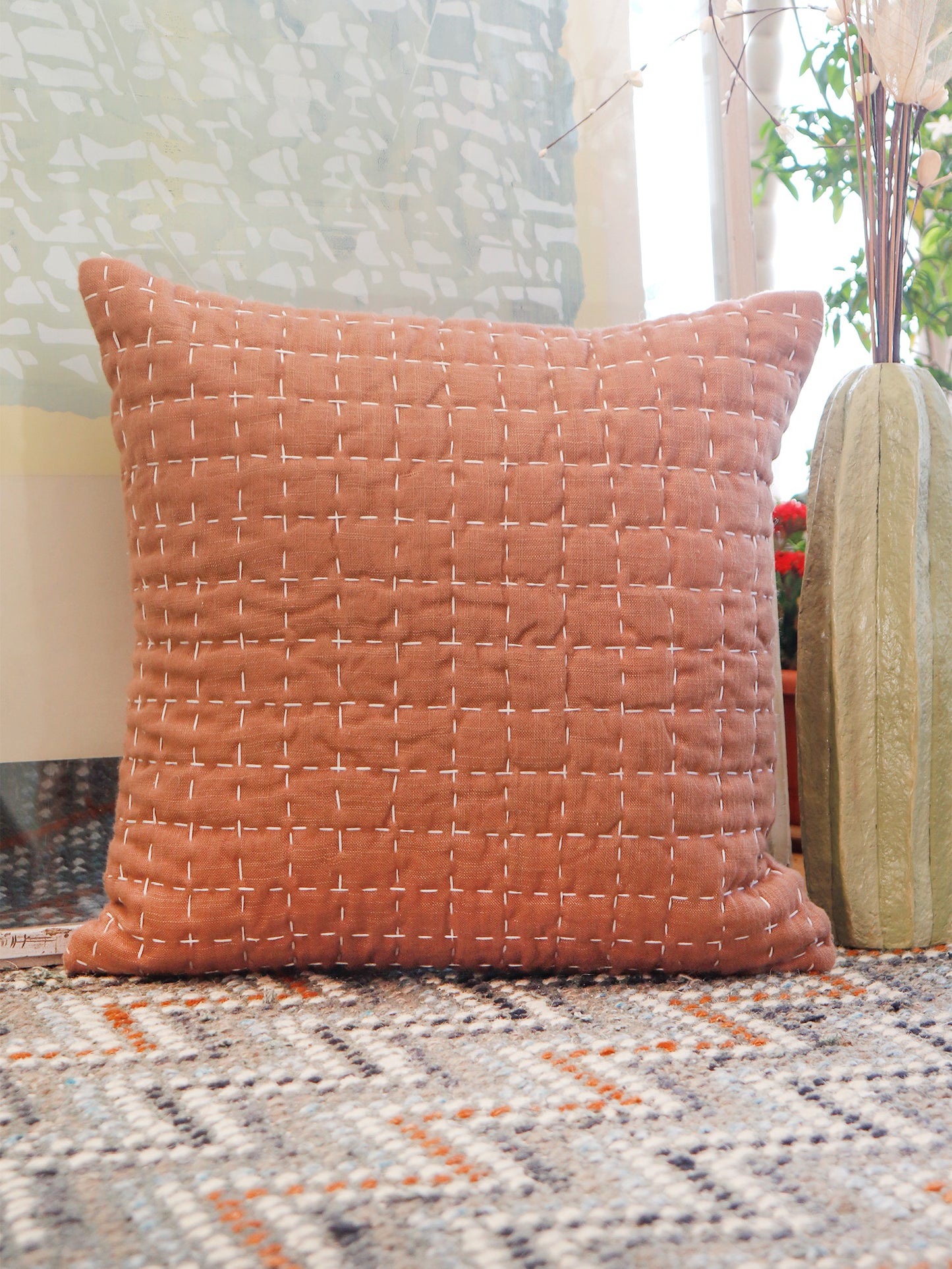 Block Printed Cushion Cover | Quilting - Linen 16 x 16 inches