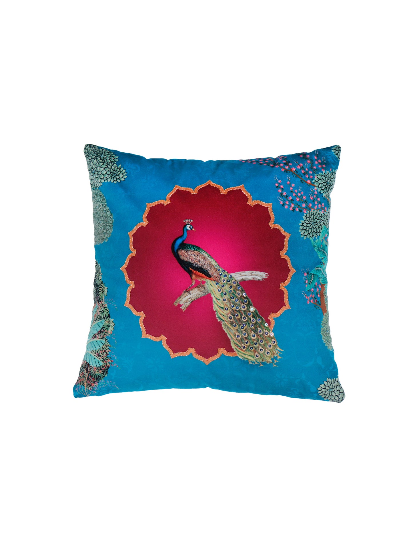 Hand Embroidered Pichwai Cushion Cover with Digital Print | Peacock Embellished Velvet 16x16 Inches