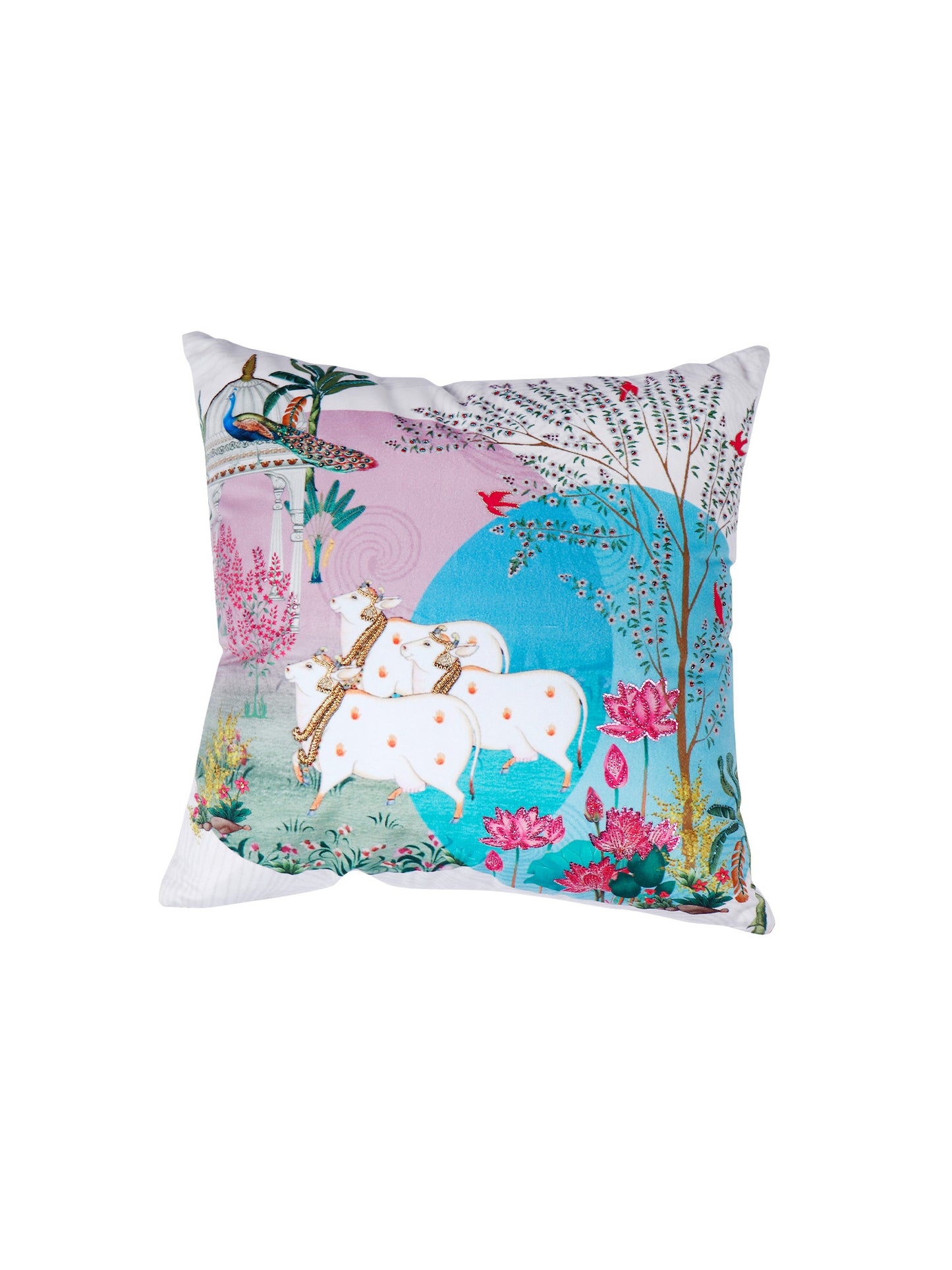 Hand Embroidered Pichwai Cushion Cover with Digital Print | Embellished Velvet 20x20 Inches