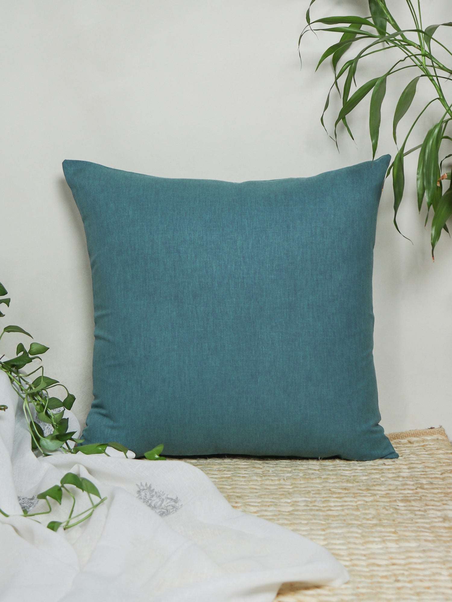 Cushion Cover (Euroshams) for Sofa, Bed Cotton Blend | Self Textured | Teal - 24x24in(61x61cm) (Pack of 1)